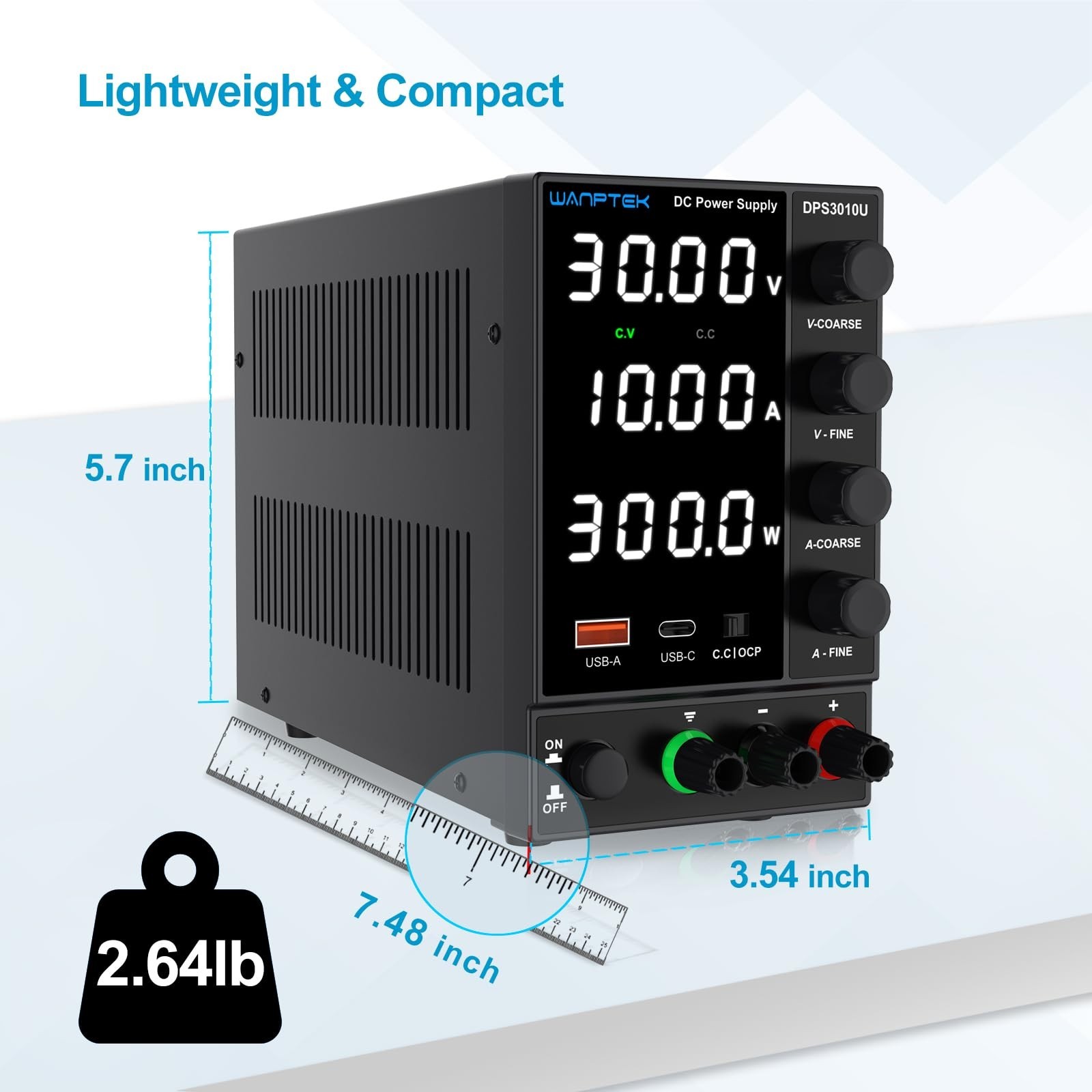 Adjustable 0-30V 10A Variable Power Supply, Switching Bench PSU, USB Type-C Quic