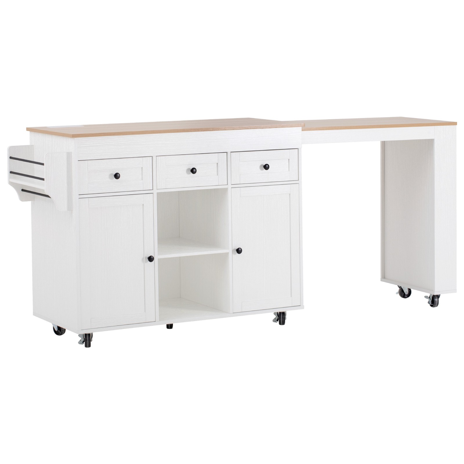 White Kitchen Island with Extendable Dining Table, 3 Drawers, 2 Doors, 85.5"