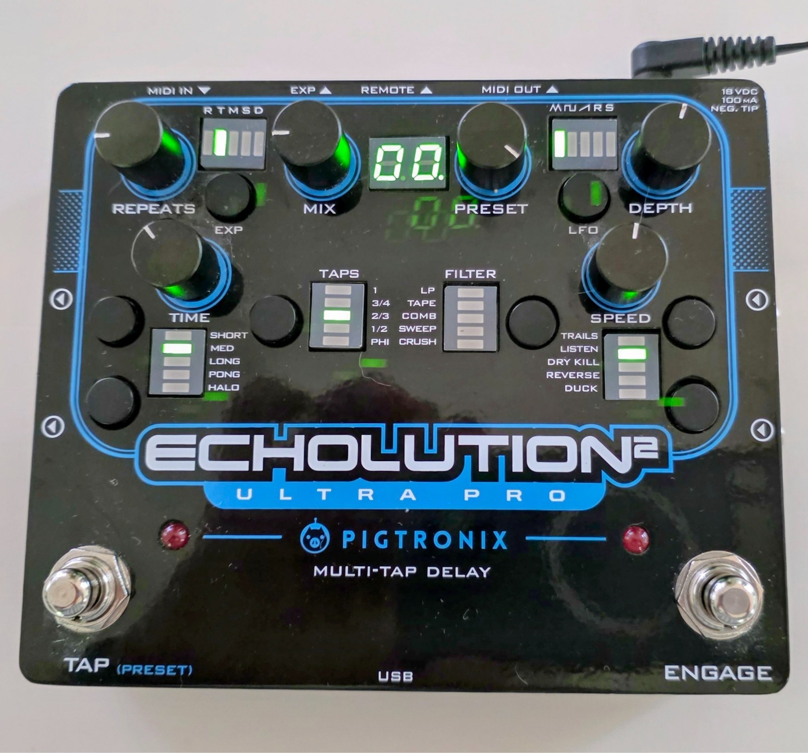 Pigtronix Echolution2 Ultra Pro Multi-Tap Delay Guitar Effect Pedal & Remote