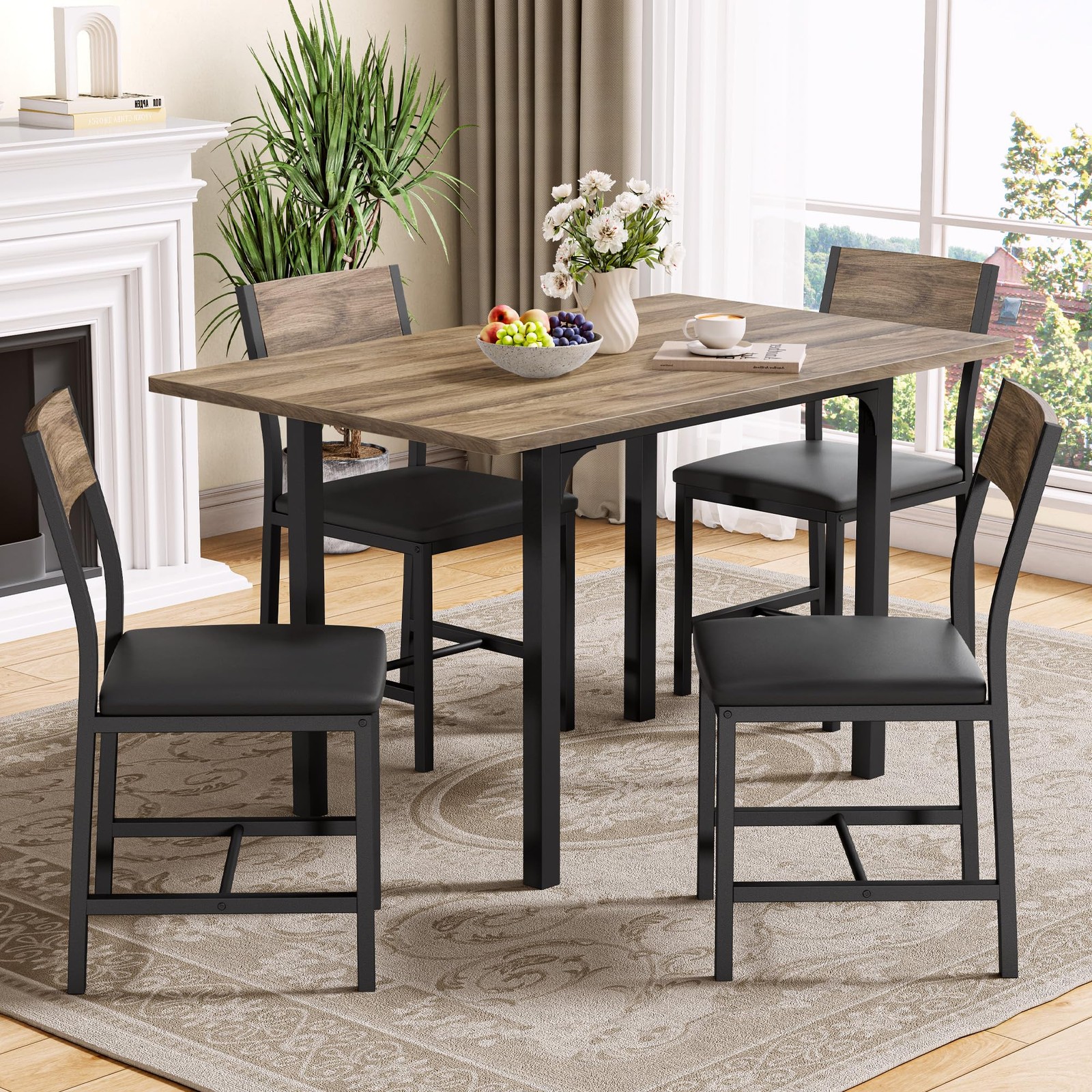 Walnut Dining Table Set With 4 Upholstered Chairs Extendable For Small Spaces