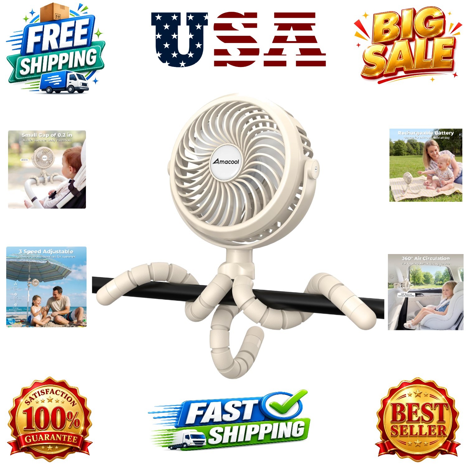 Battery Operated Stroller Fan, Baby Travel Essentials for Beach Disney, Newbo...