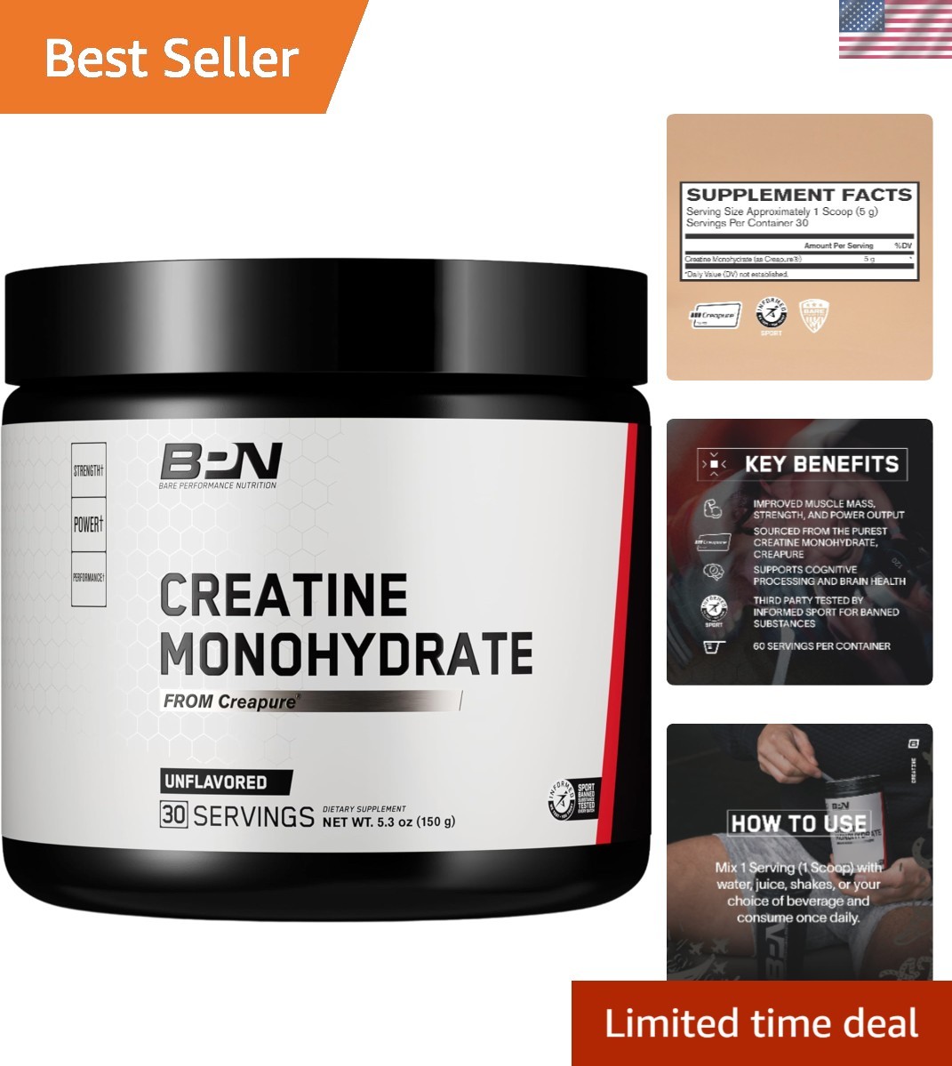 BPN 30 Servings of Pure Creatine Monohydrate - Boosts Muscle Power & Performance
