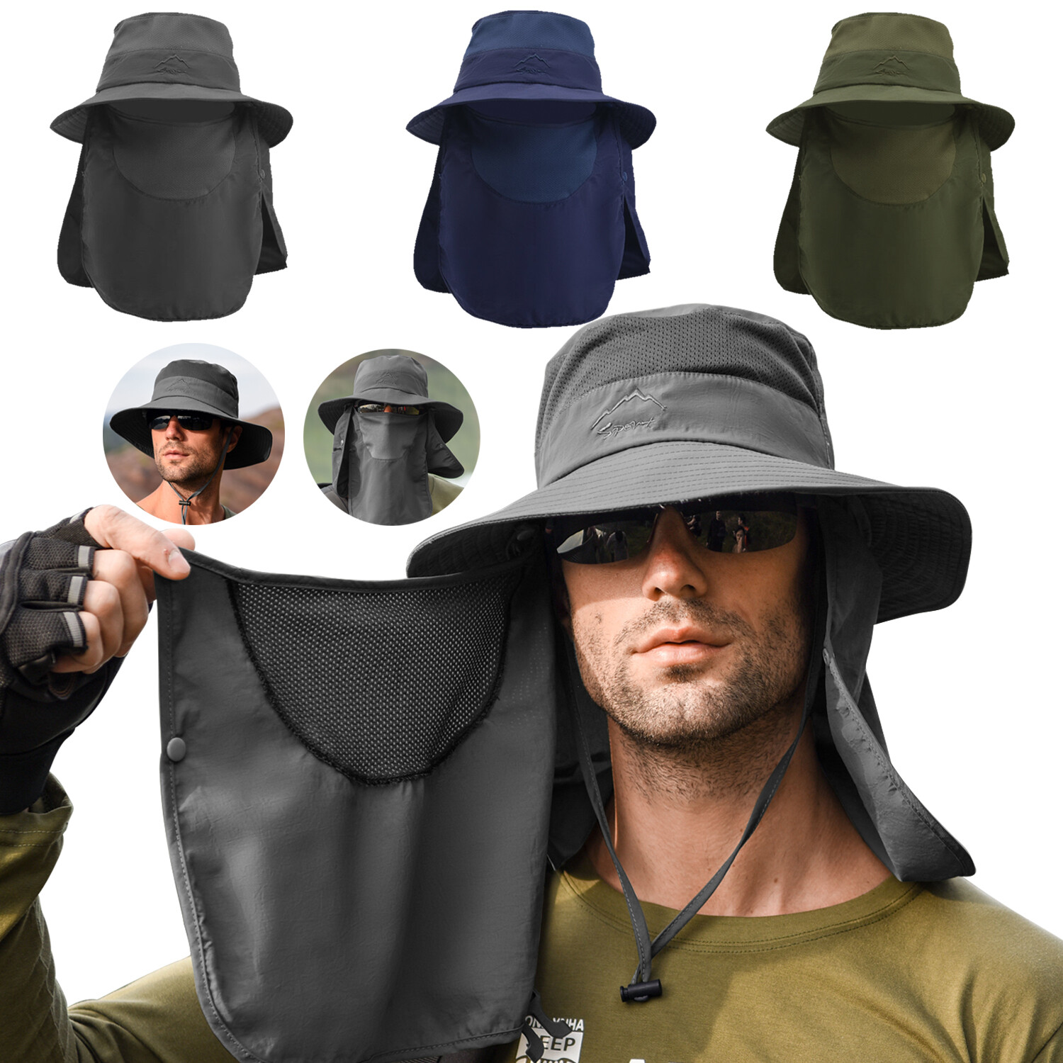 Mens Wide Brim Fishing Hat Sun Protection Cap with Face Neck Flap Detachable US