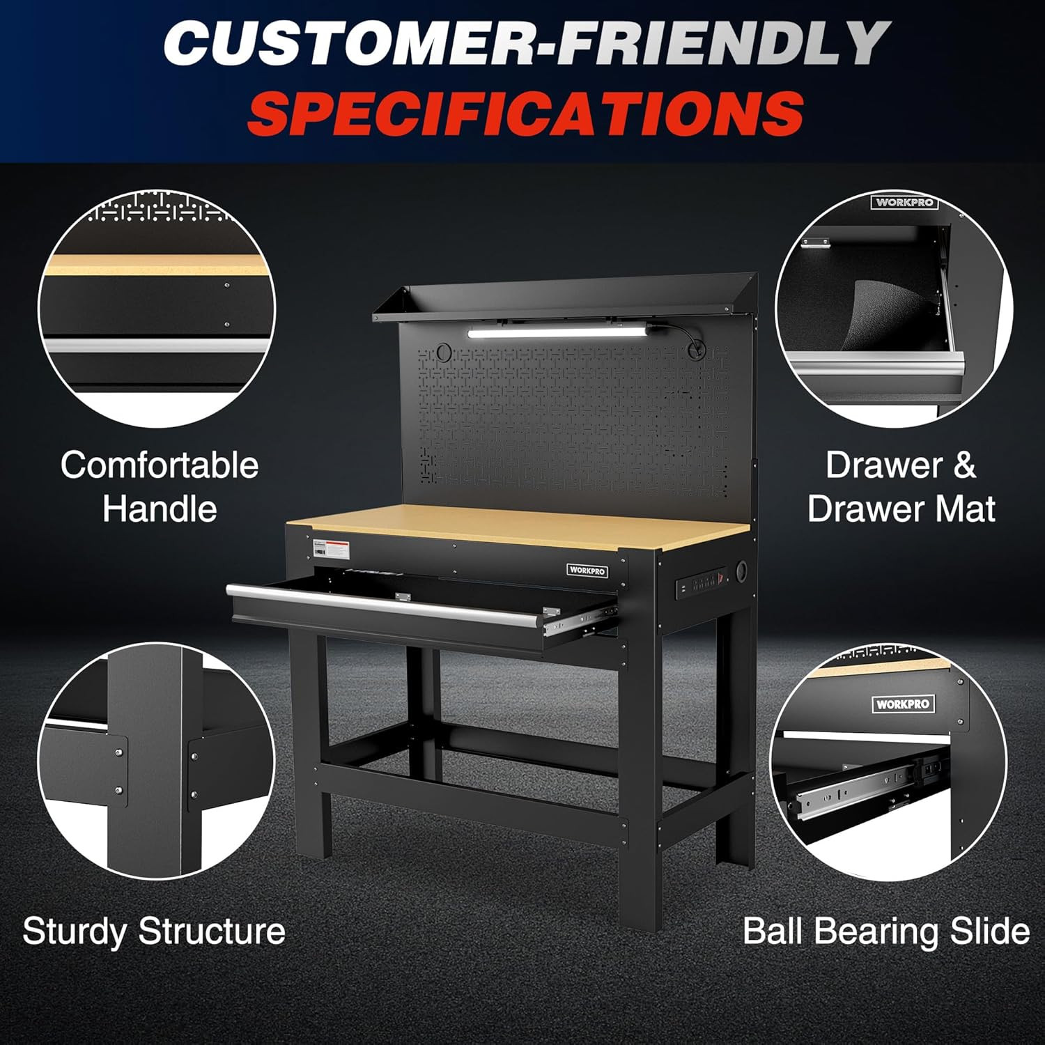 WORKPRO 45" Garage Workbench with Storage, Heavy-Duty Workbench with Pegboard, P