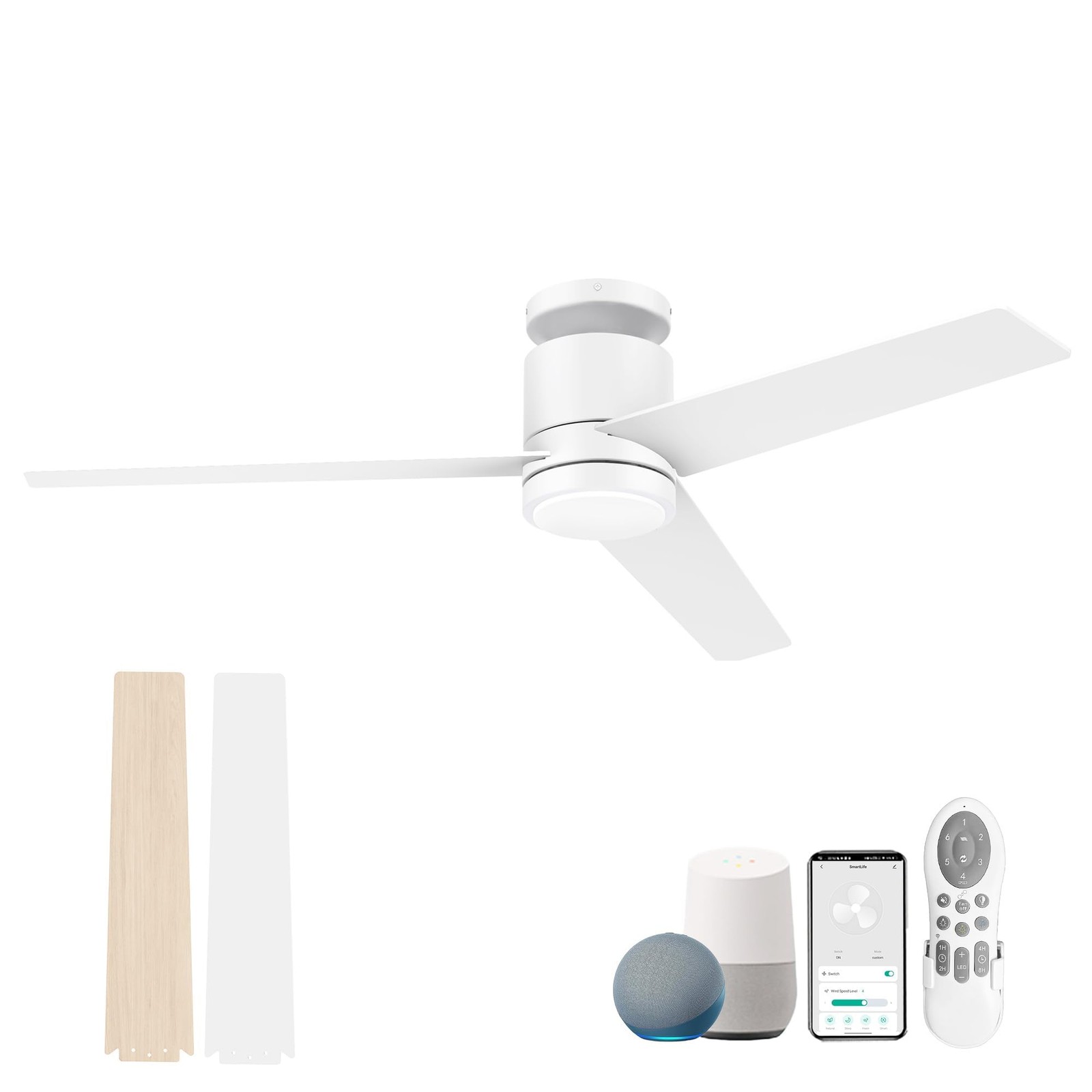52 Inch Smart Flush Mount Ceiling Fans with Lights Remote,Quiet DC Motor,Outd...