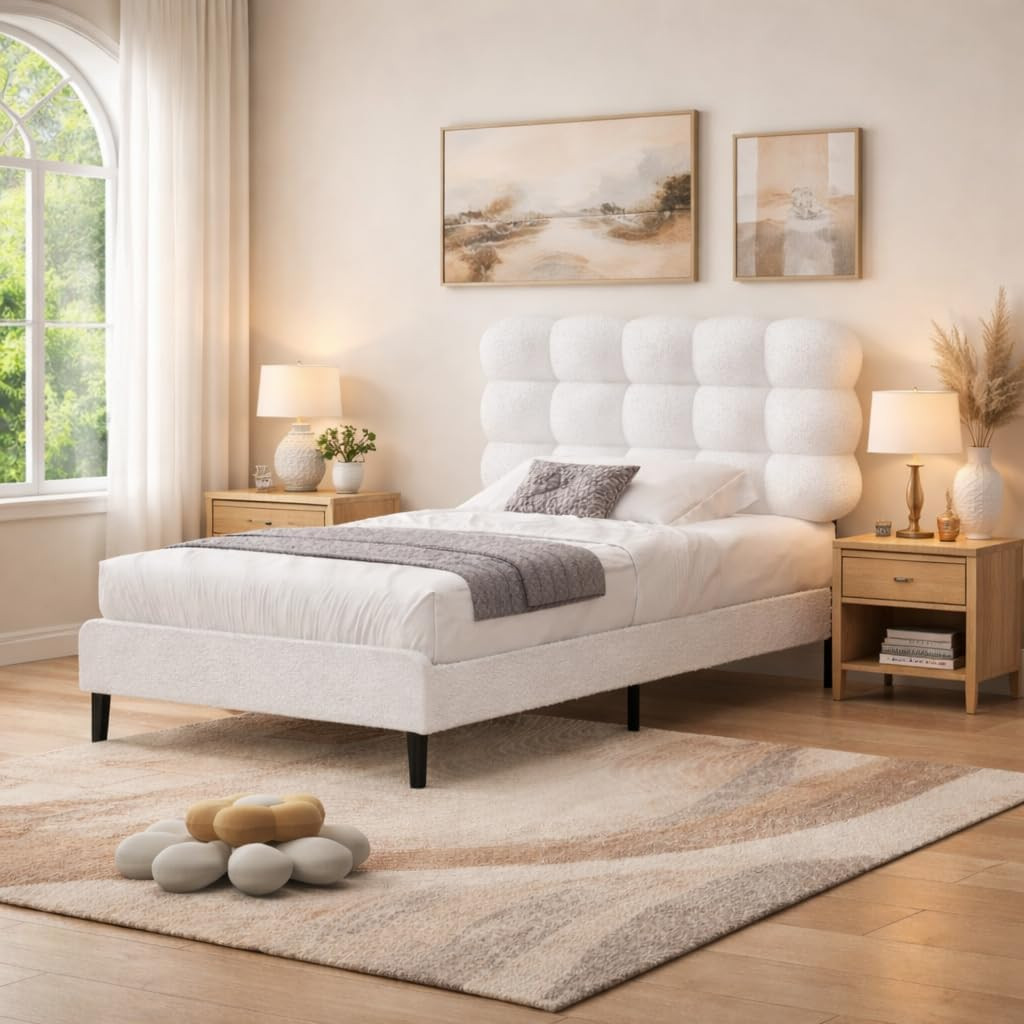 Twin Bed Frame, Soft Cloud Boucle Headboard, White | a Removable Headboard Creat