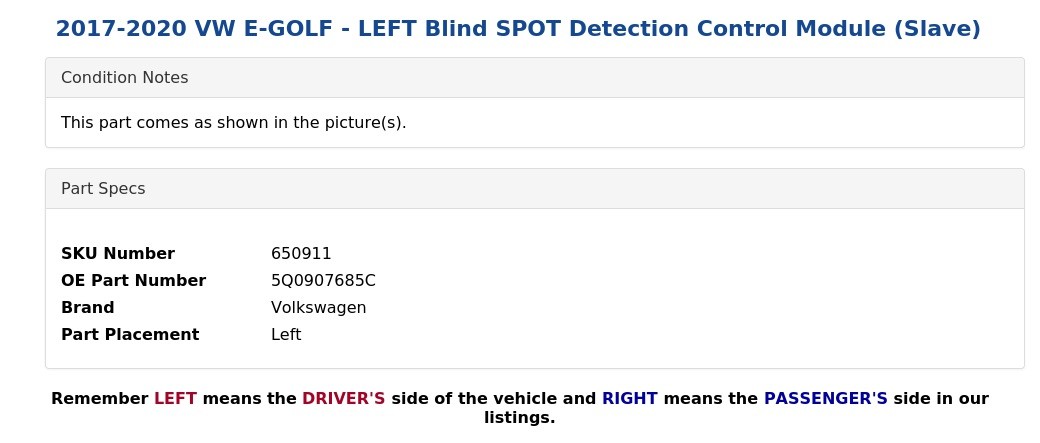 2017-2020 VW E-GOLF - LEFT Blind SPOT Detection Control Module (Slave)