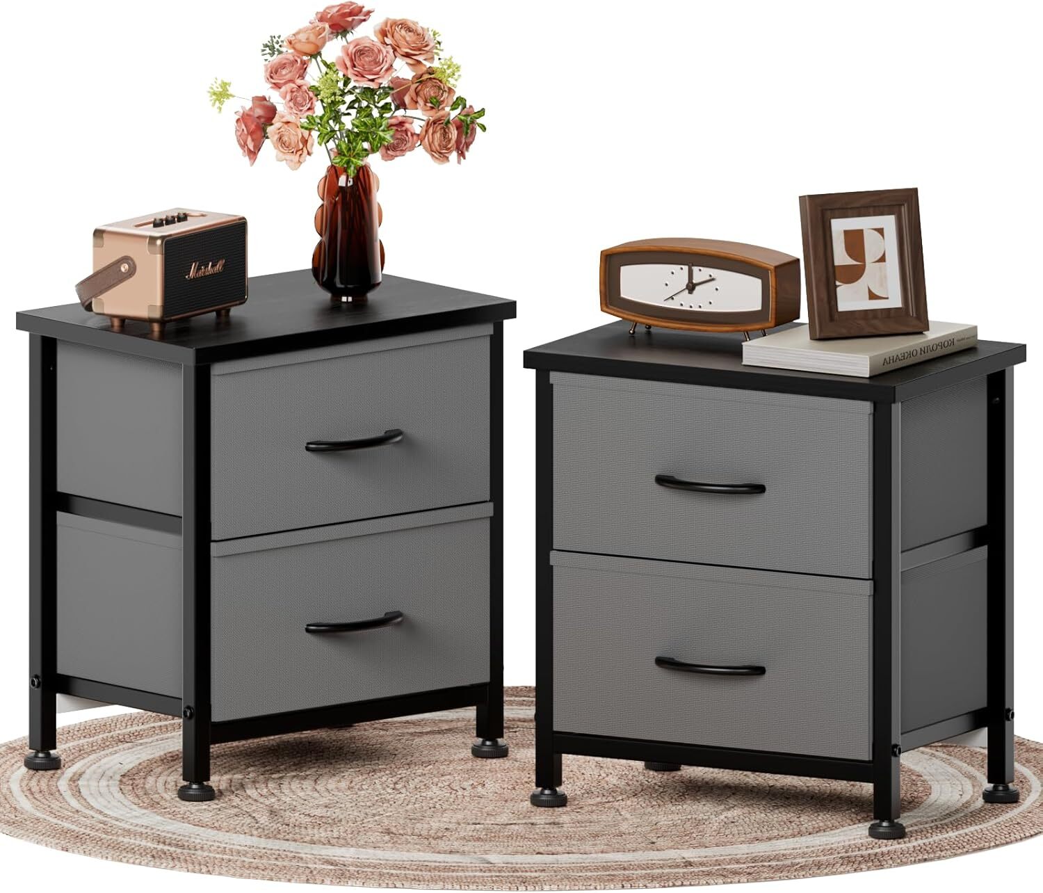 2PCS Nightstand+2 Fabric Drawers Small Dresser Bedroom Furniture for Living Room