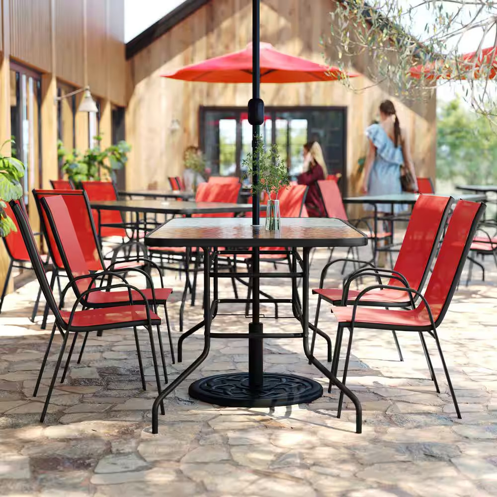 Brazos Red 5-Piece Metal Rectangular Table and 4-Red Flex Comfort Stack Chairs O