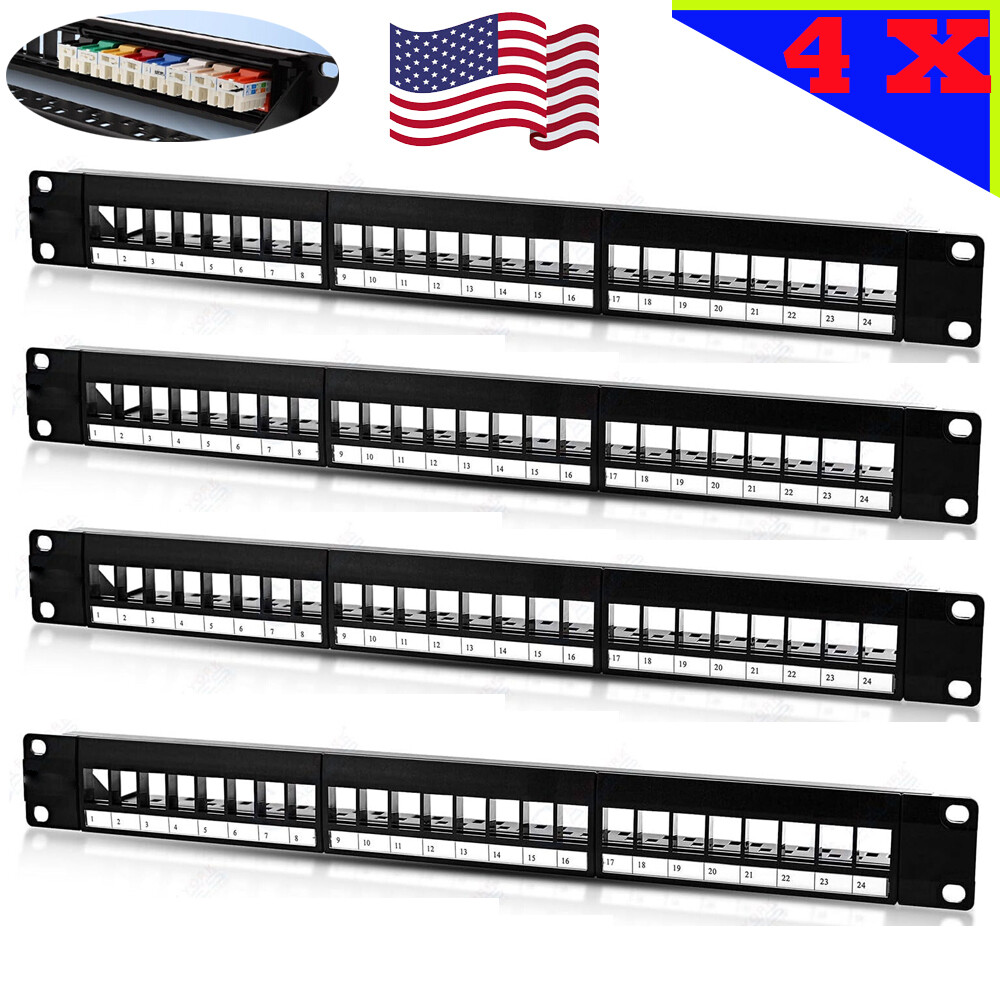 19" Rack Mount 1U 24-Port Keystone Jack Patch Panel Plate for Cat5e/Cat6 RJ45 4x