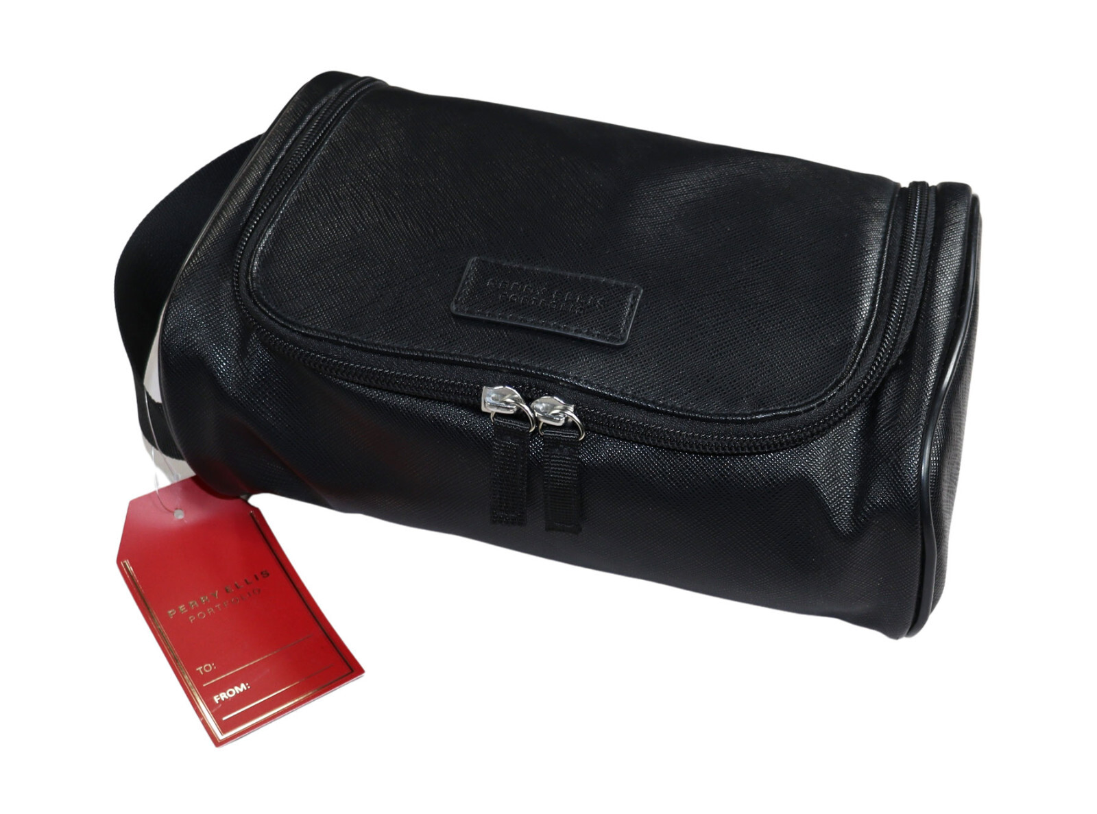 Perry Ellis Faux Leather Zip Around & Carry Handle Men's Toiletry Bag NWT Black