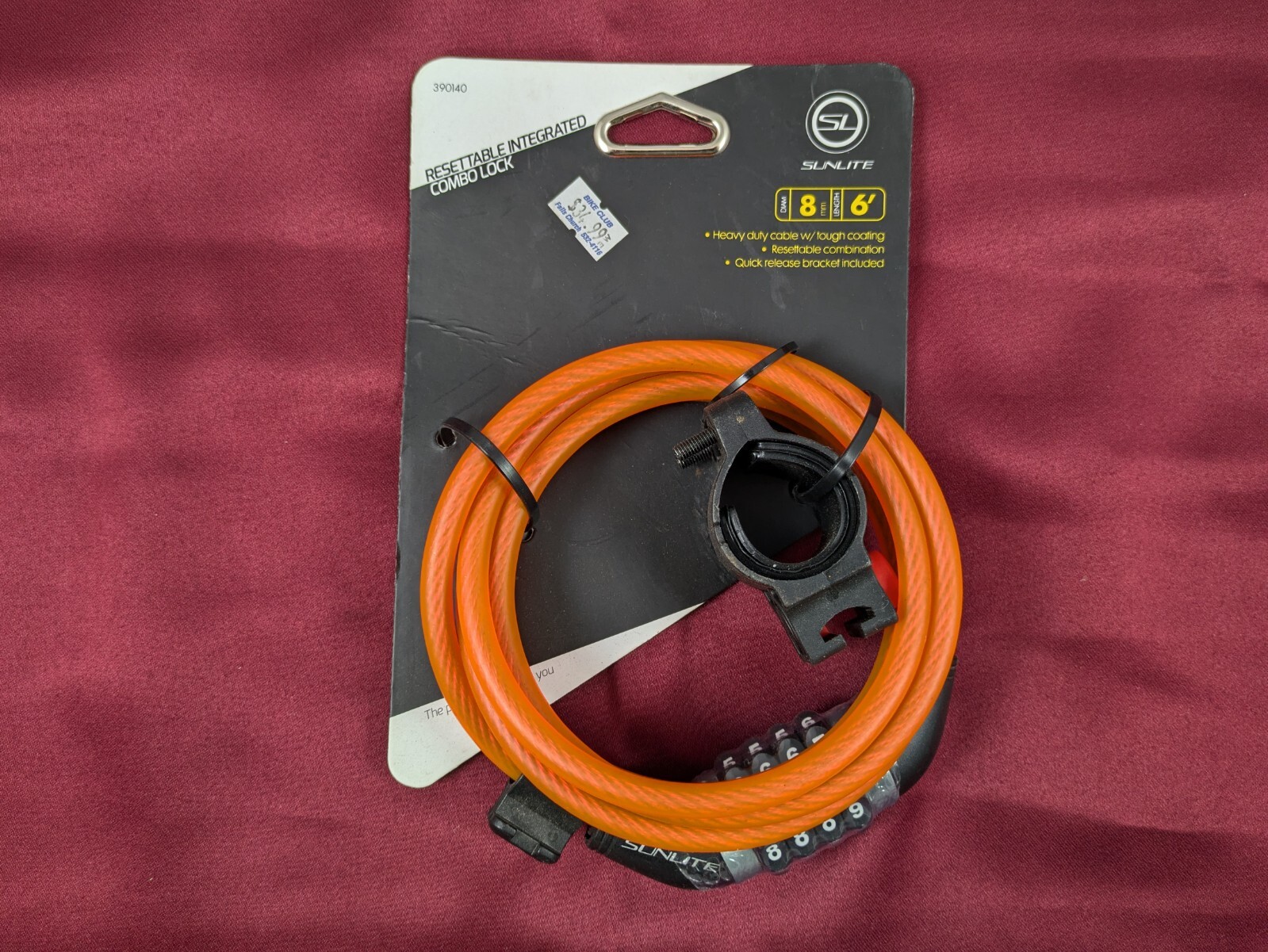 Sunlite Bicycle 6 Foot 8mm Cable Lock Adjustable Combo with Mount NEW