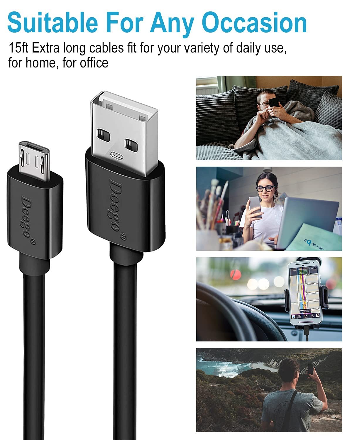 DEEGO Micro USB Cable, 15Ft Extra Long Controller Charger 15 feet, Black