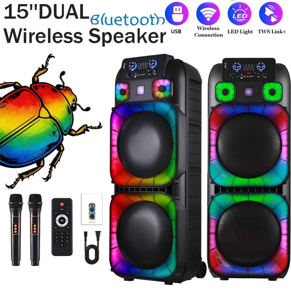 Portable Bluetooth PA Party Speaker w/ Dual 15" Subwoofer 2 Wireless Mics FM TWS