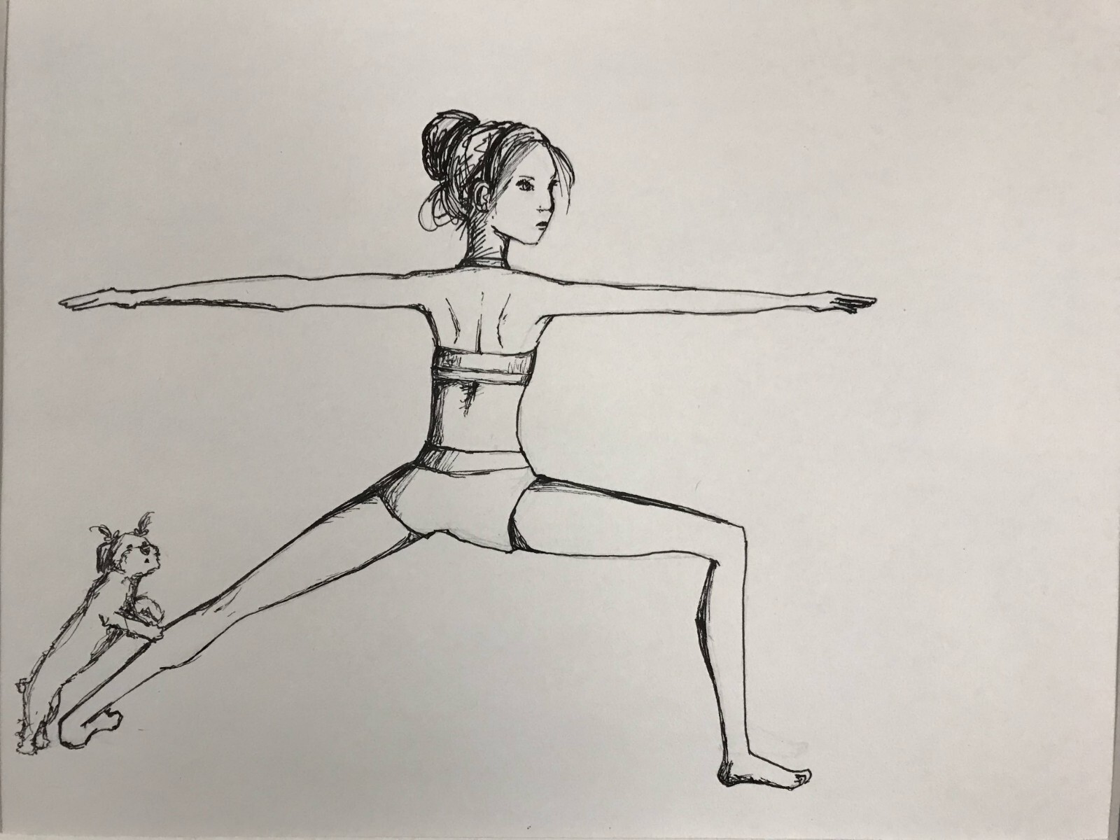 Original ink Drawing On Paper Matted Yoga Girl Illustration Yorkie dog 11x14