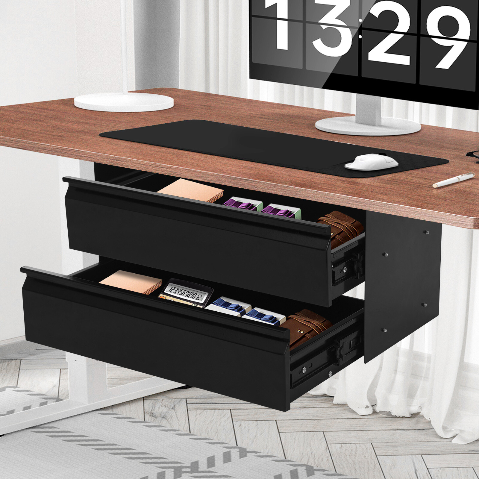 Black Dual Level 16" Pull Out Under Desk Storage Drawer Set