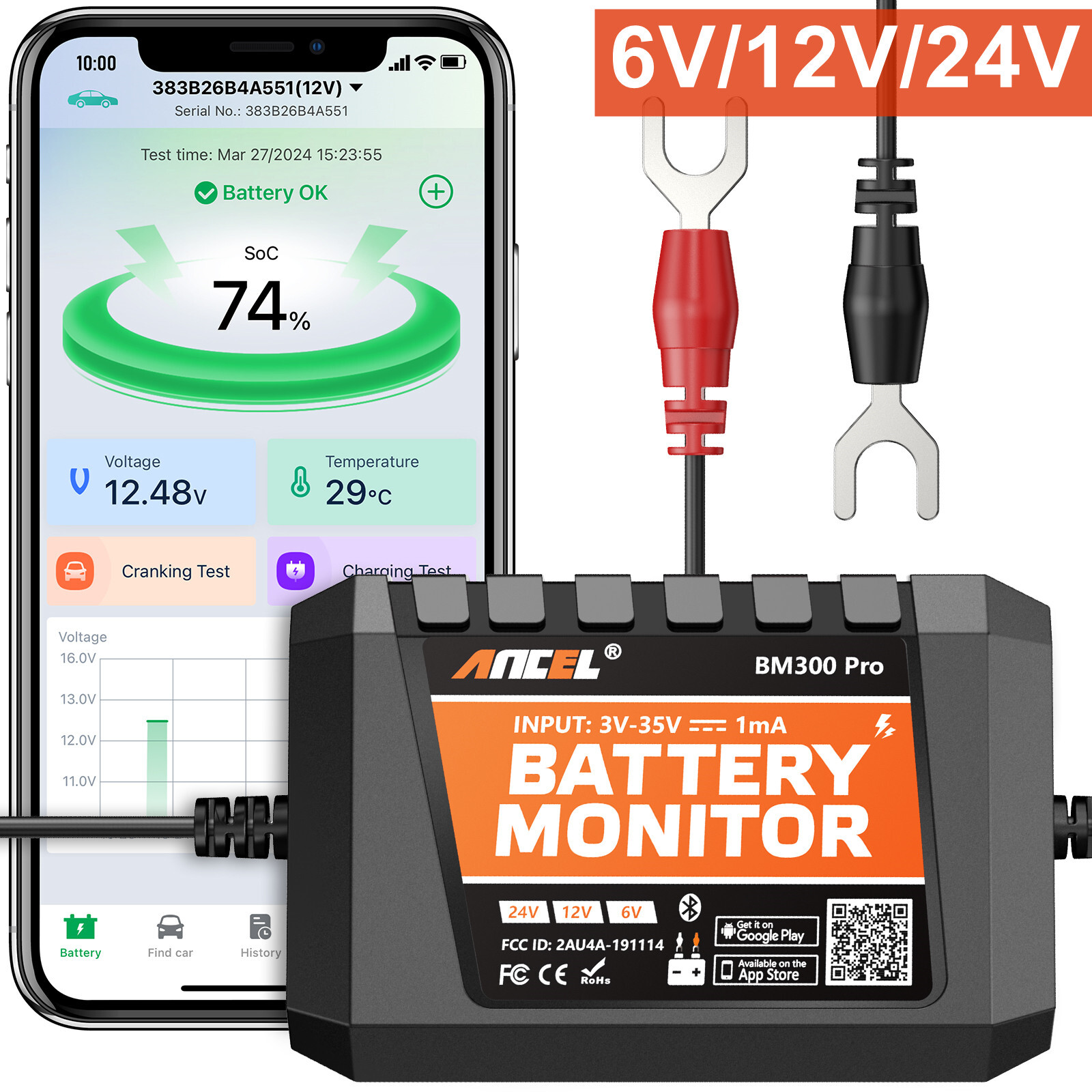 ANCEL BM300 PROCar Battery Tester 12V Battery Monitor​​ 6V 24V Charging Craking
