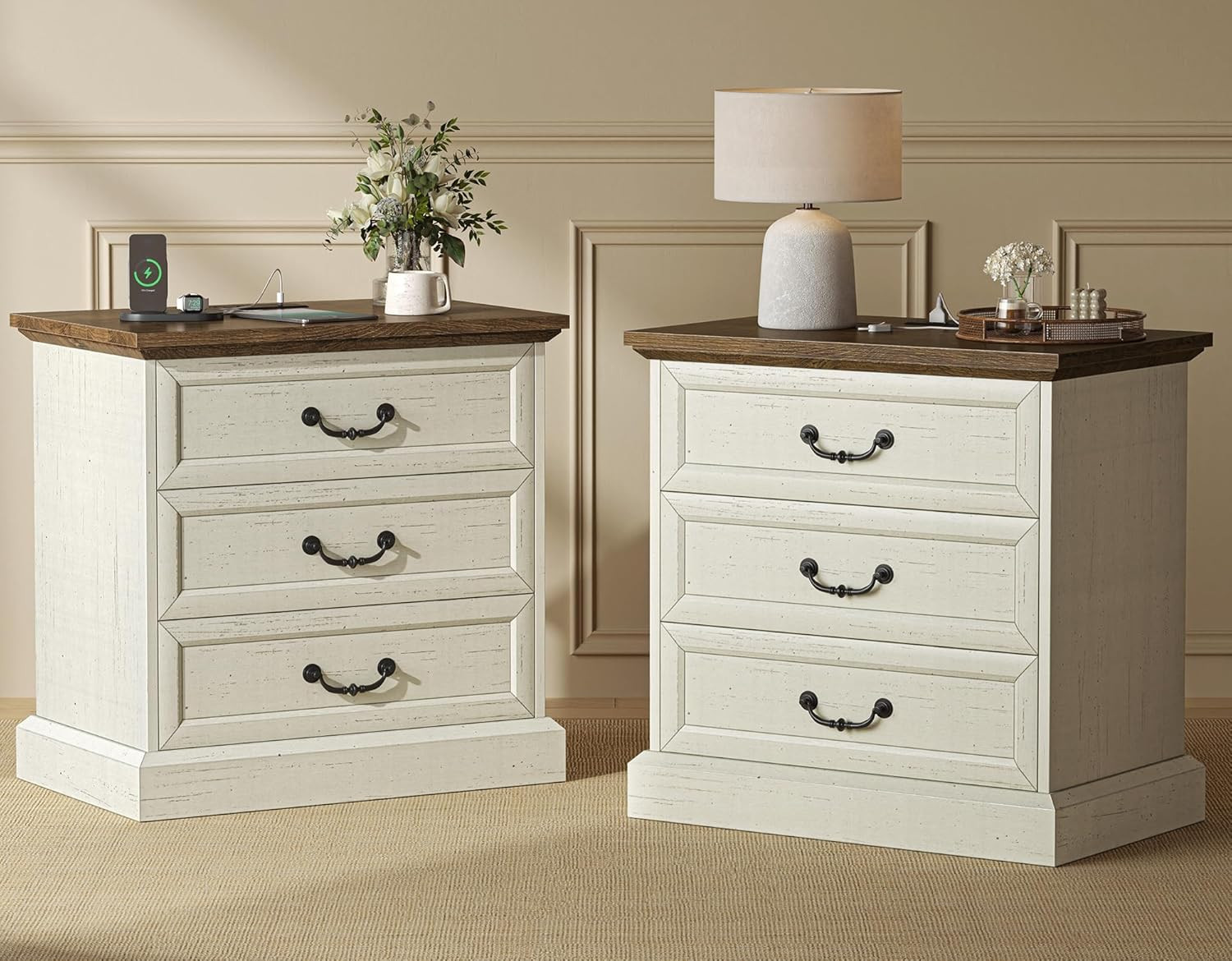 Farmhouse Nightstand Set of 2 with Charging Station & Vintage Handles, White