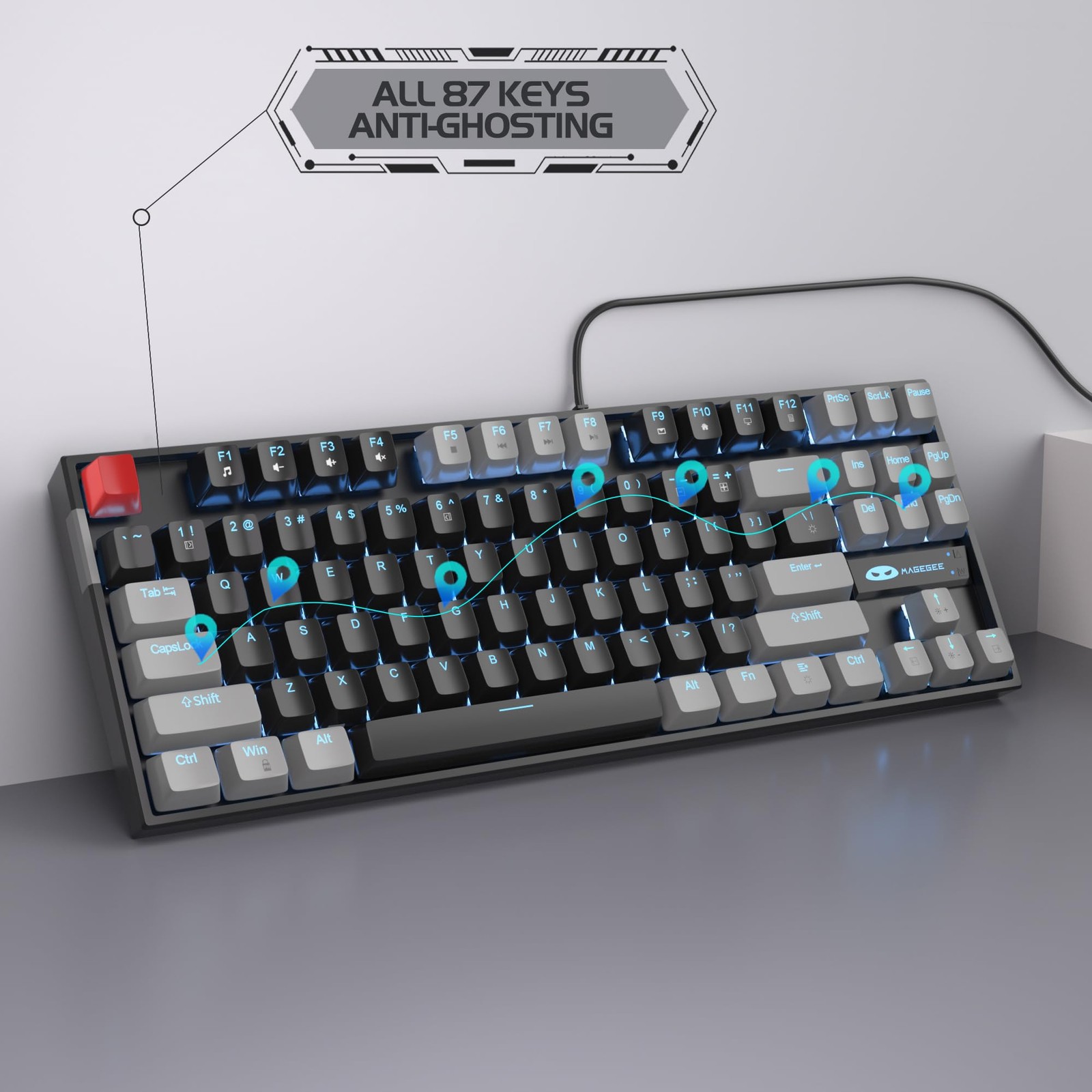 Magegee 75 Mechanical Gaming Keyboard Red Switch Led Blue Backlit 87 Keys