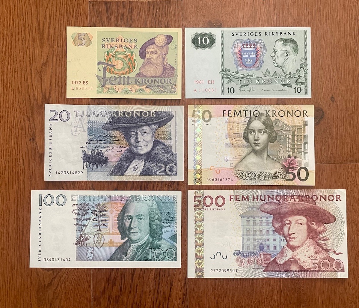 SWEDEN: 5-10-20-50-100-500 Kronor, Banknote, Europe Currency 1972-2016 Crispy