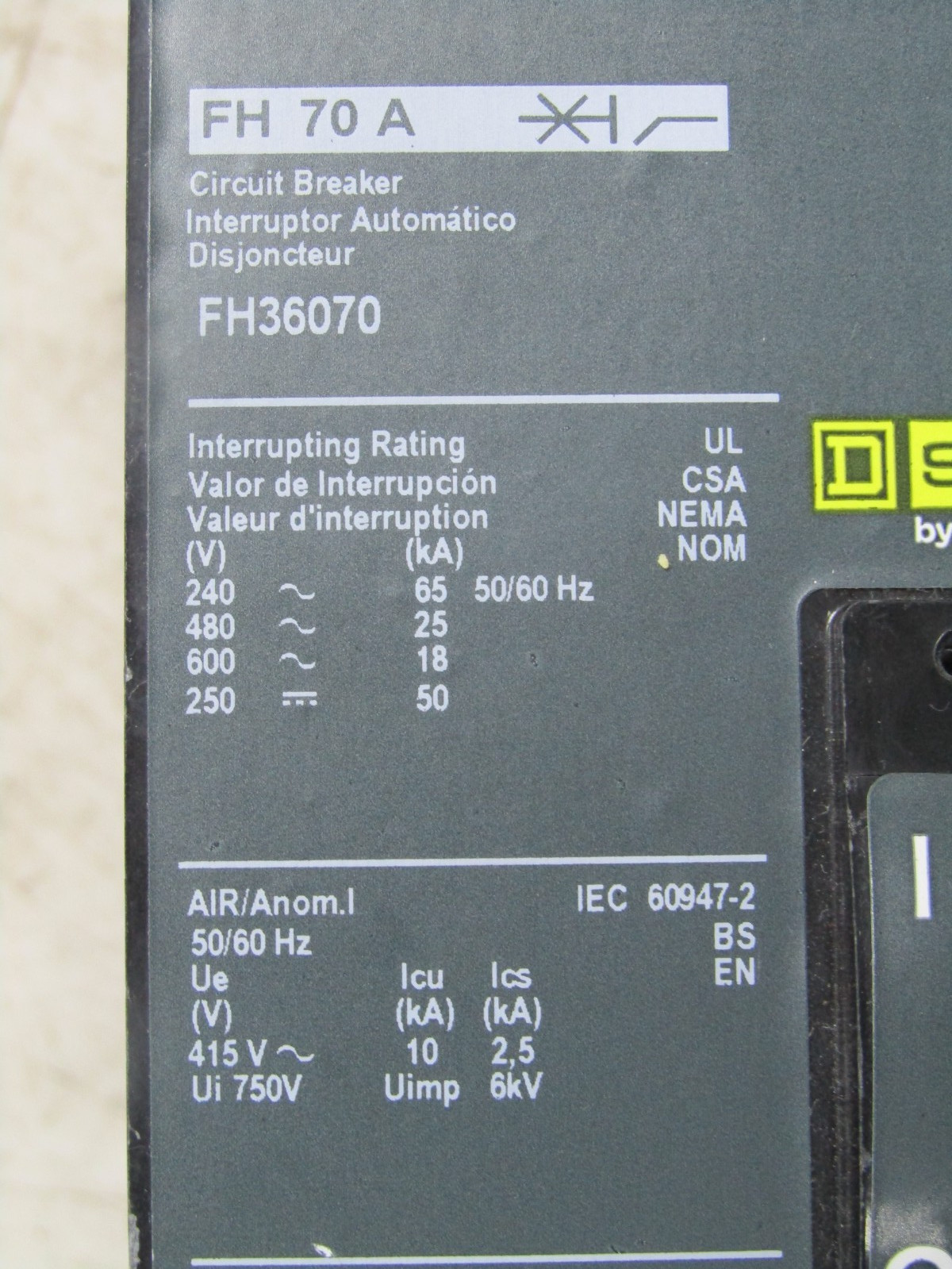 💥SQUARE D 70 AMP I-LINE CIRCUIT BREAKER 3 POLE 600 VAC FH36070