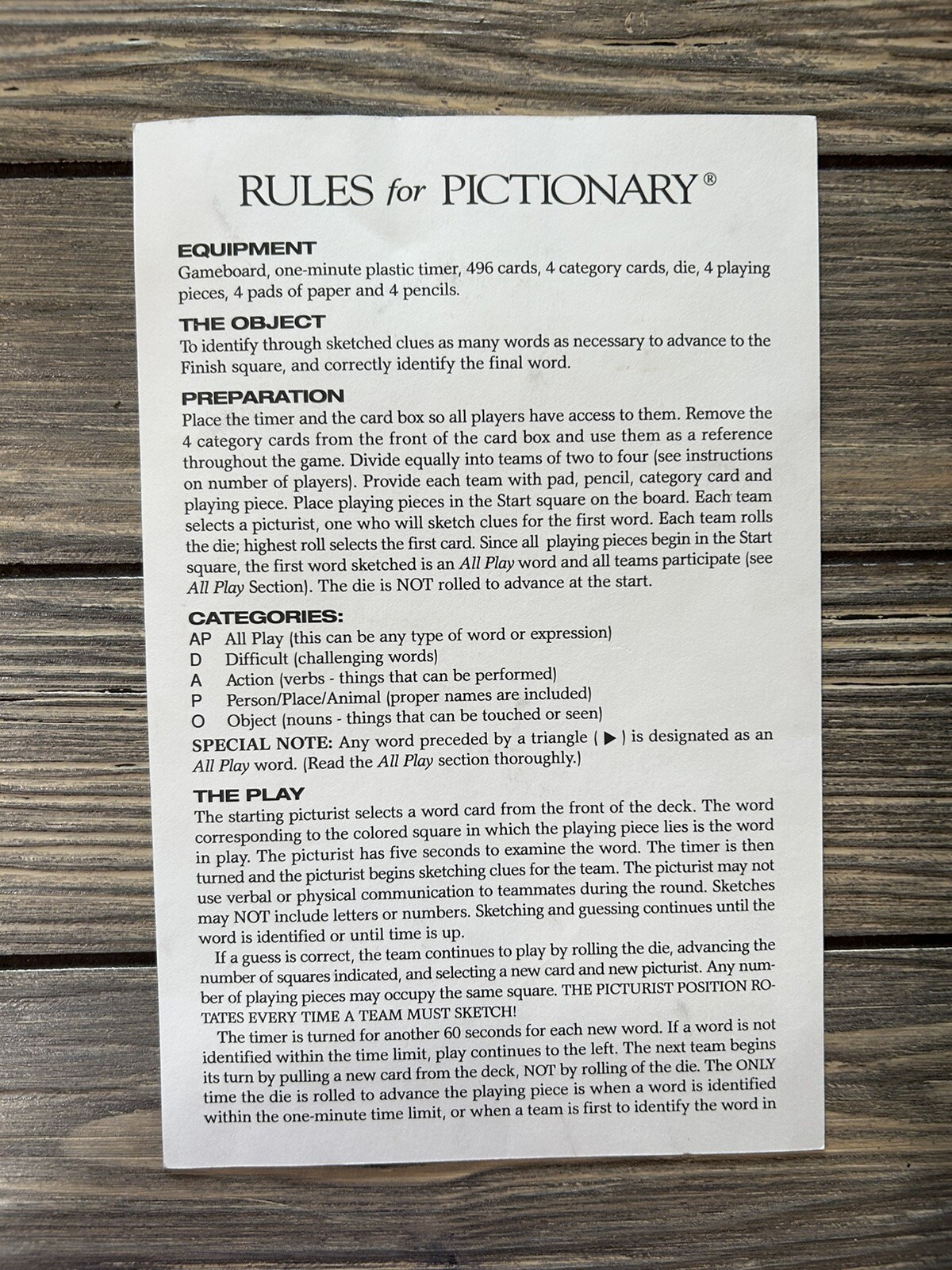 Vintage 1993 Pictionary Replacement Piece Part Directions
