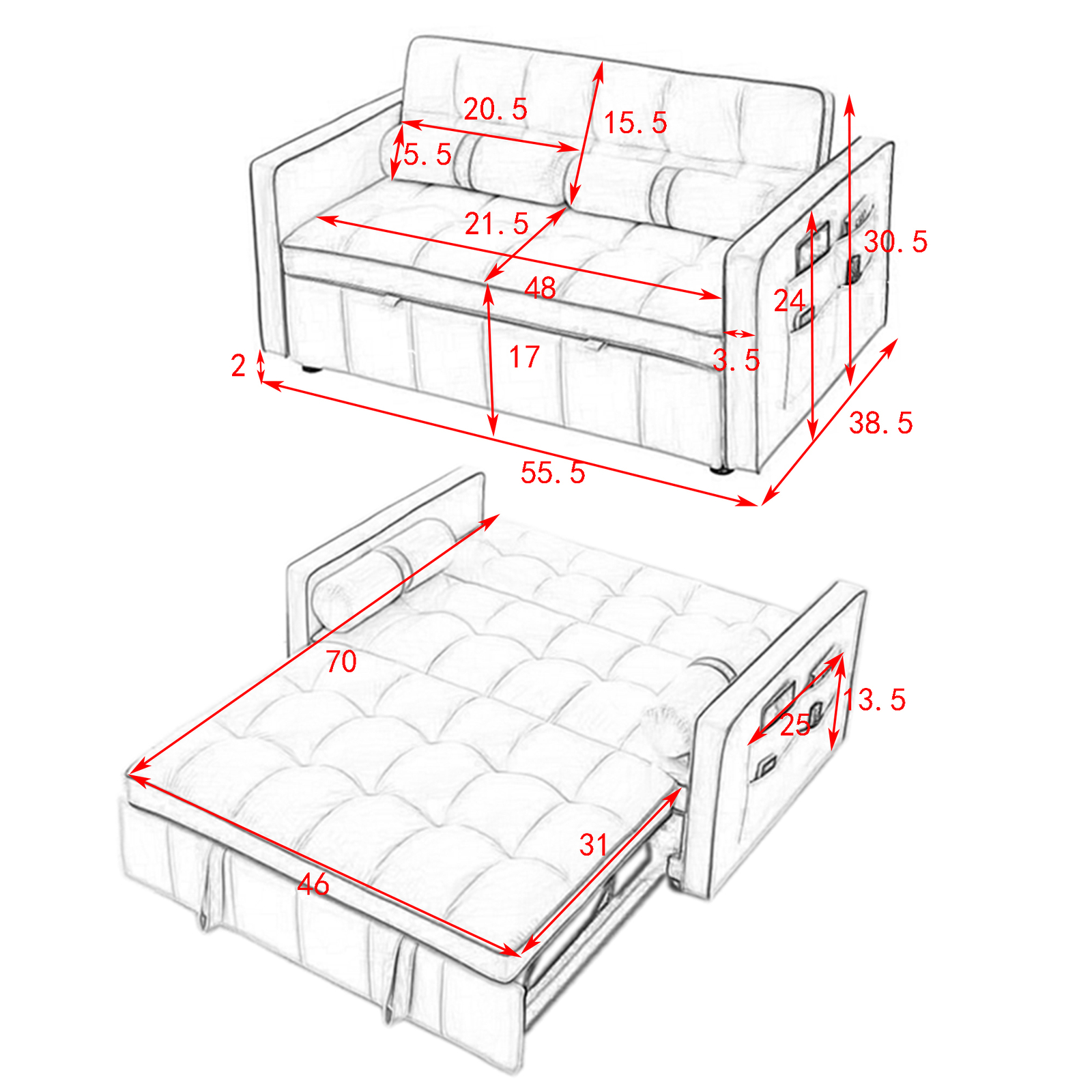 55.5" Pull Out Sleep Sofa Bed 2 Seater Loveseats Sofa Couch w/ Side Pockets