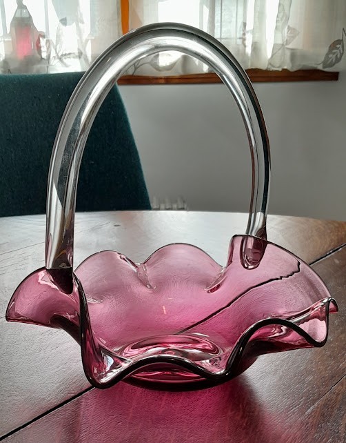Pilgrim Glass Ruffled Cranberry With Clear Applied Handle 9.5" Basket