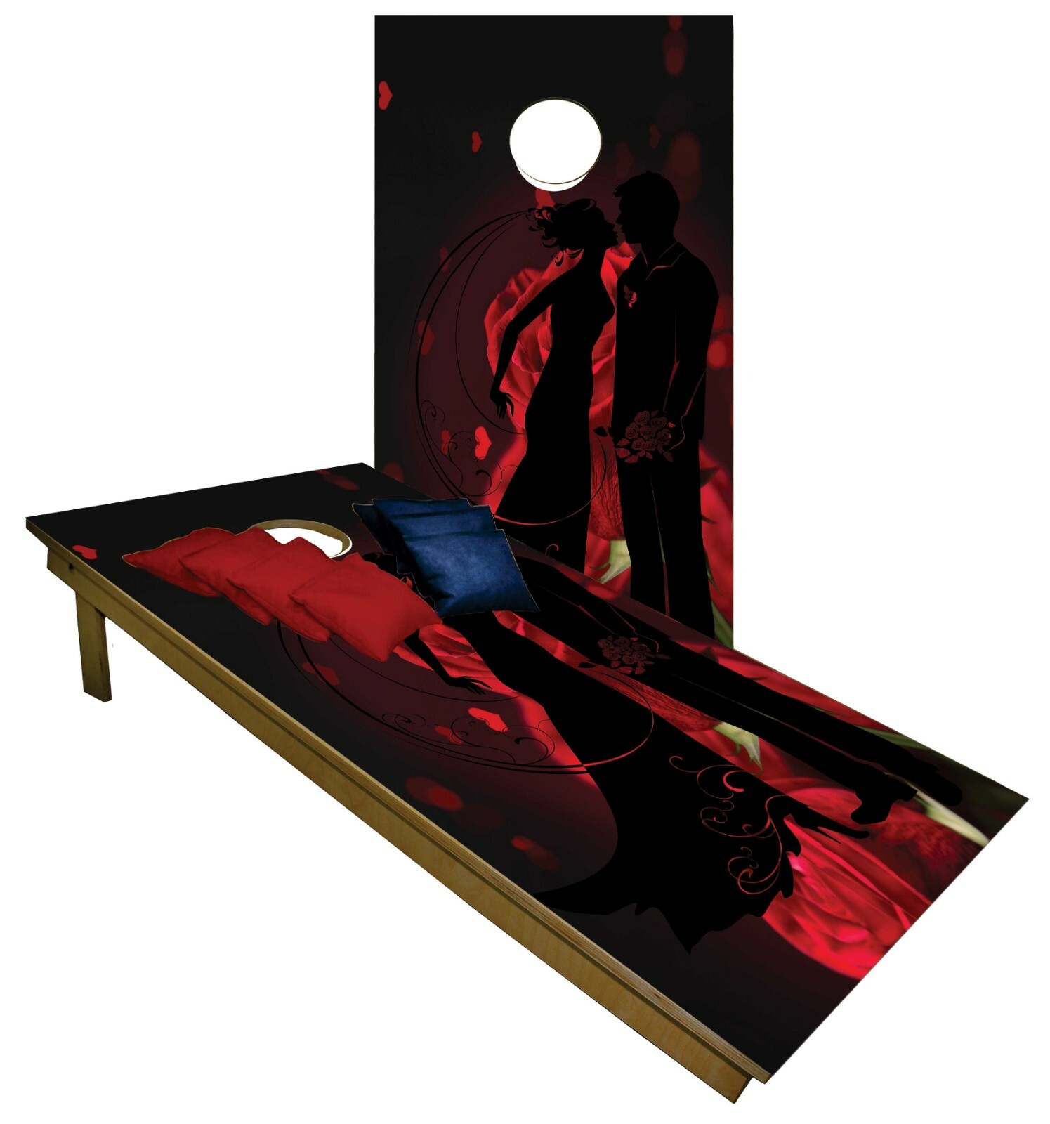Wedding CORNHOLE BEANBAG TOSS GAME w Bags Game Board Red Hearts Black Set