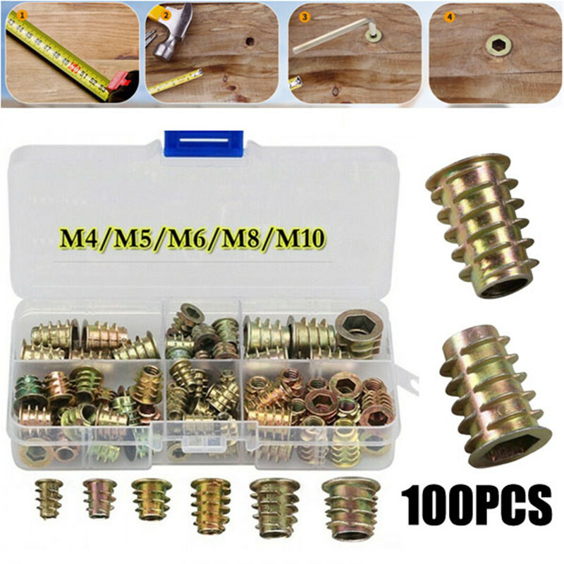 100pcs Hex Drive Wood Screw Inserts Nuts Set M4 M5 M6 M8 M10 Assortment Thread
