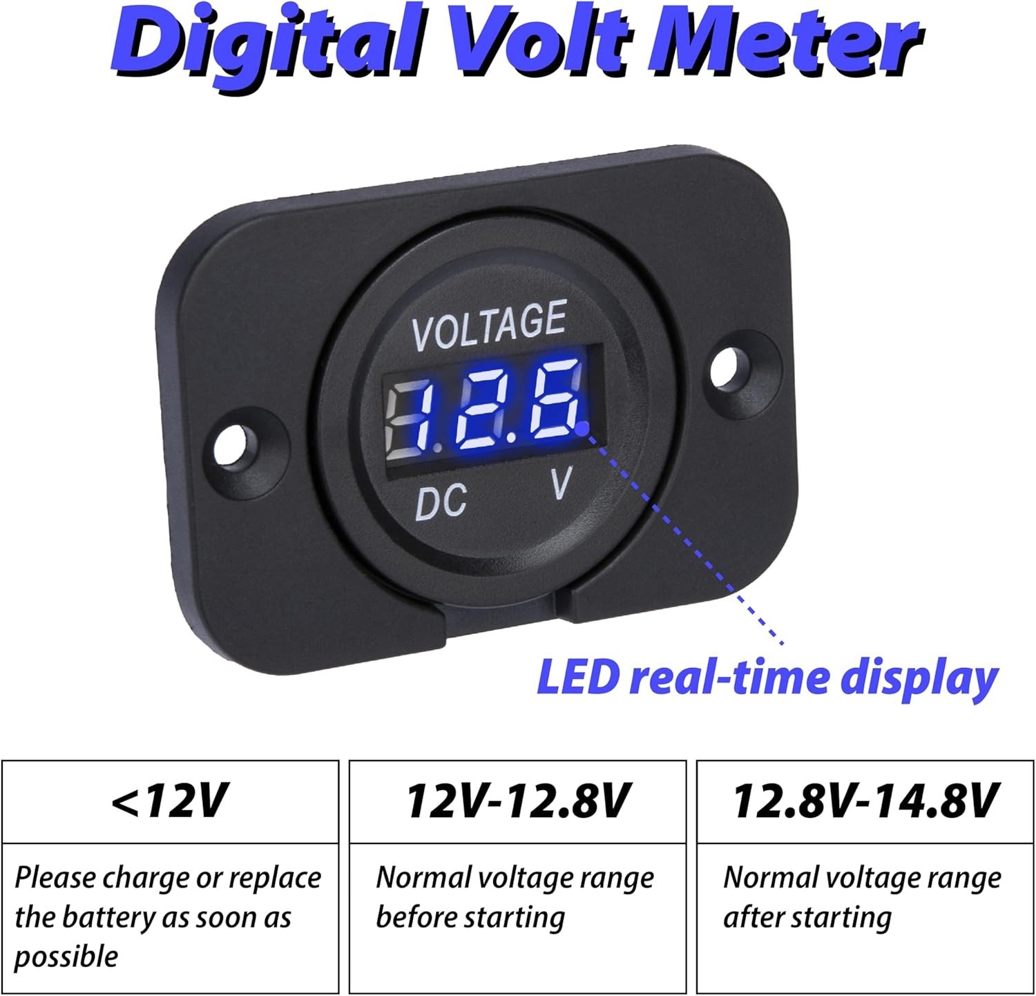 Waterproof Digital Voltmeter, 12V 24V DC, 3-Digit LED Display, Blue Light