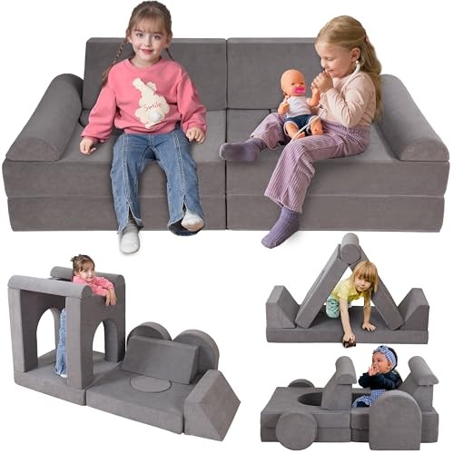 12-Piece Modular Kids Play Couch – Premium Soft Foam, Removable Cover, Grey