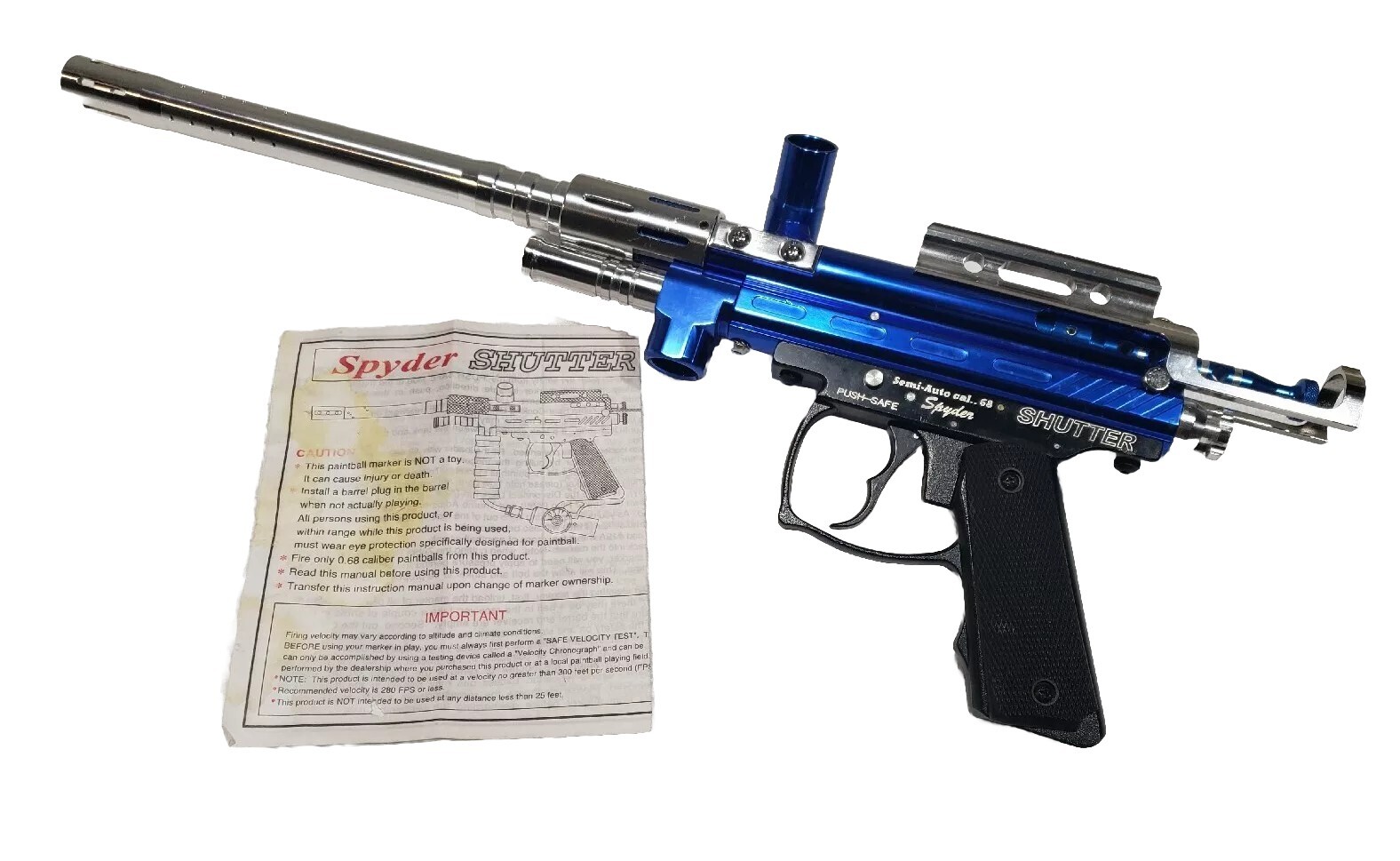 WOW SUPER CLEAN Spyder Blue Shutter Vertical Tank Paintball Gun Semi Free Ship