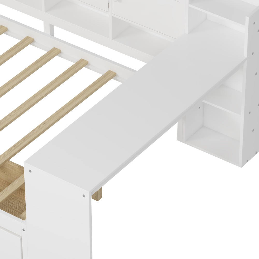 White L-Shape Daybed w/ Storage Cabinets & Desk, Twin Size