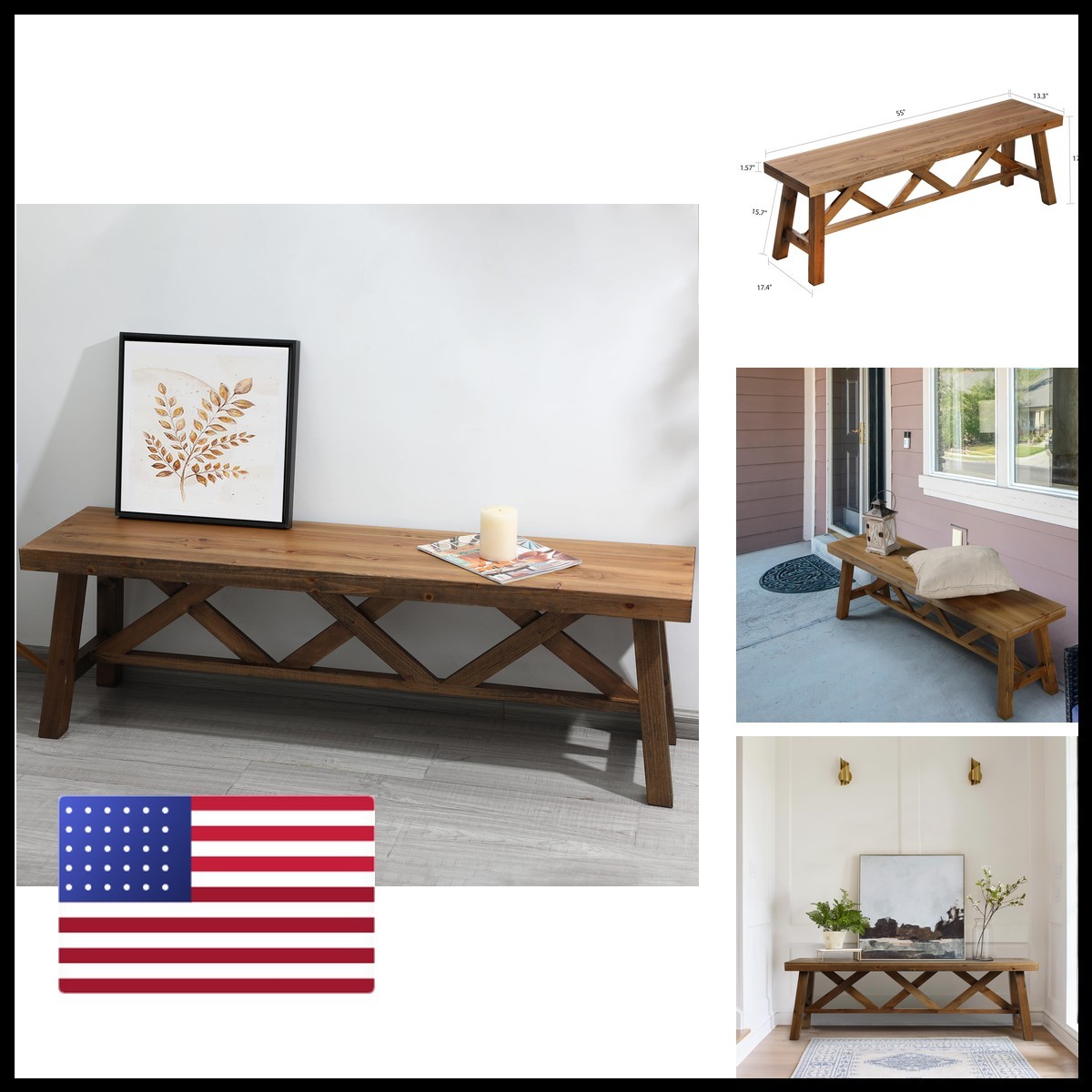 Wnutrees 54" Farmhouse Solid Wood Bench, Natural