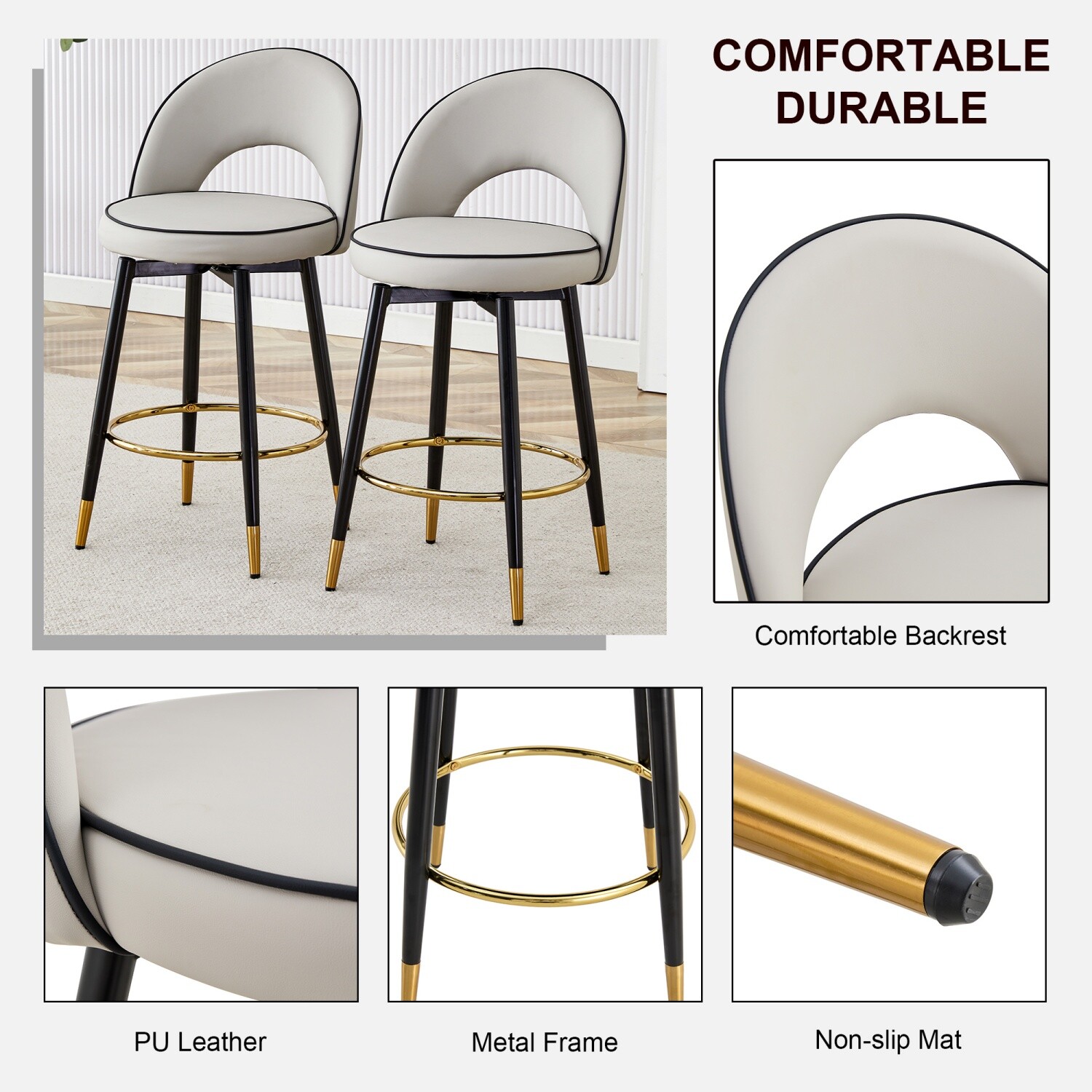 Set of 2 360° Swivel Bar Stools PU Bar Chair Kitchen Counter Height Dining Chair