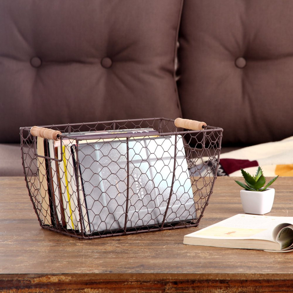 Brown Wire Basket with Wood Handles Stylish Shelf Tabletop Storage Box Decor