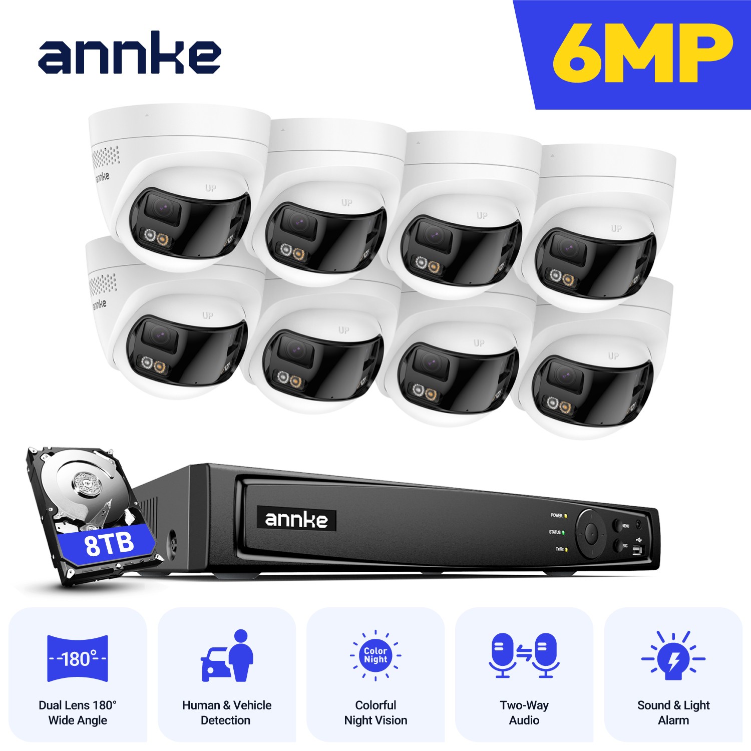 ANNKE 8CH 12MP NVR 6MP Dual Lens POE Security Camera System Two Way Audio Color