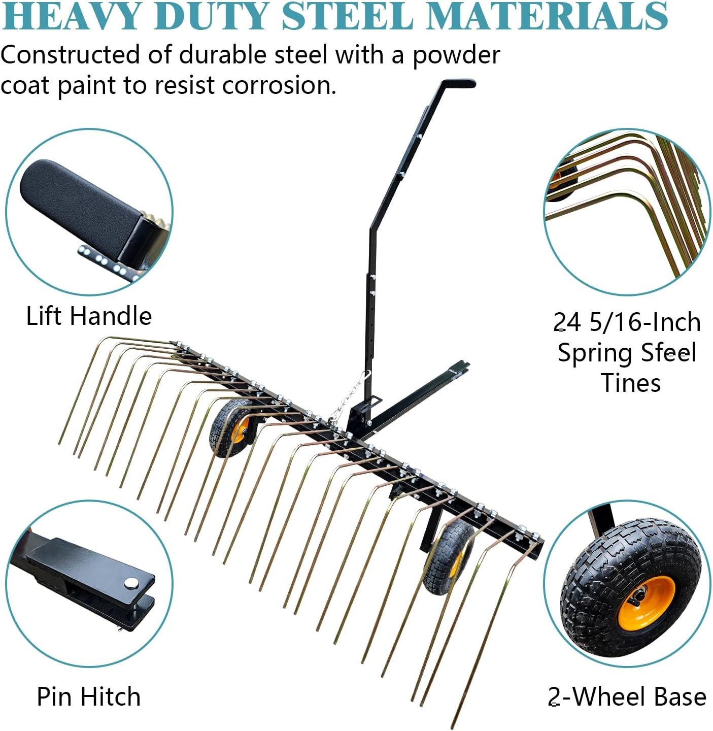 60" ATV UTV & Lawn Tractor Tow Behind Steel Landscape Rake Pull Dethatcher