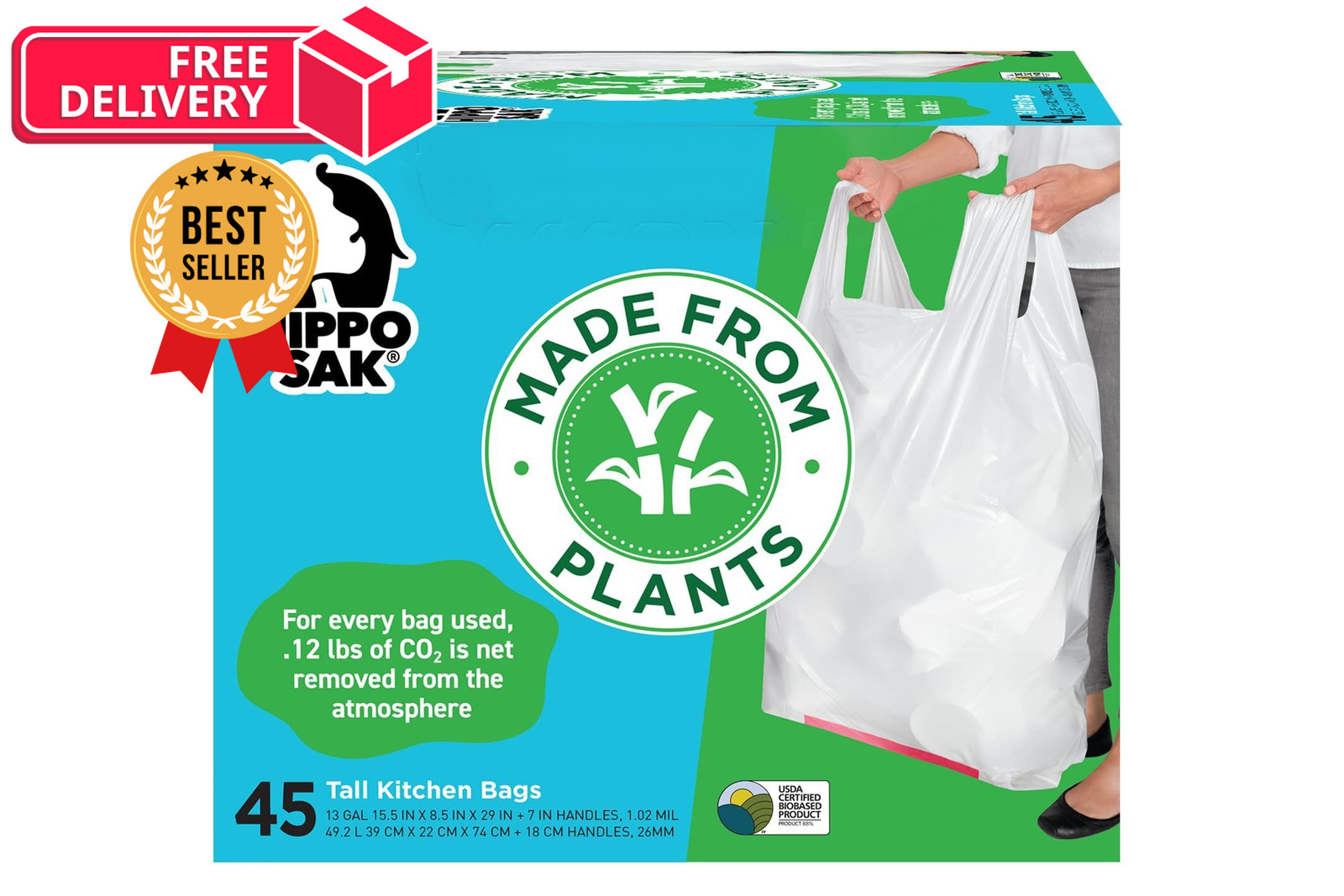 Hippo Sak - Plant Based Tall Kitchen Garbage Bags 45 Count (Pack of 1), White
