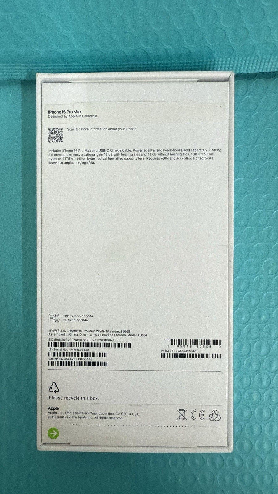 Original Apple Empty Box With Manual For iPhone 16 Pro Max White Titanium