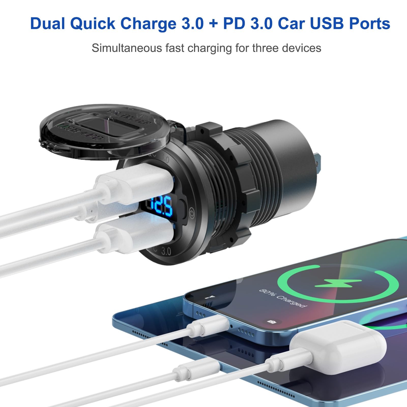 12V USB Outlet Marine Switch Panel Plug, PD3.0 and Dual QC3.0 Charger+Socket