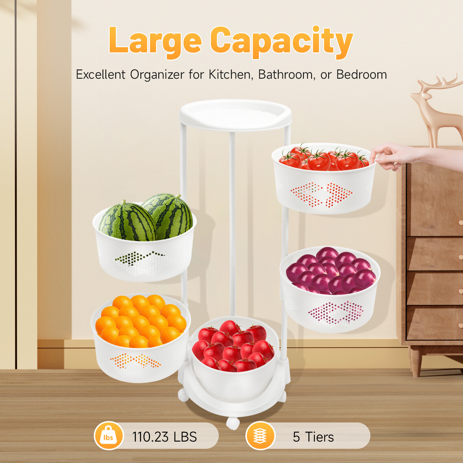 5-Tier Rotating Kitchen Organizer Rack With Fruit & Vegetable Storage Wheels