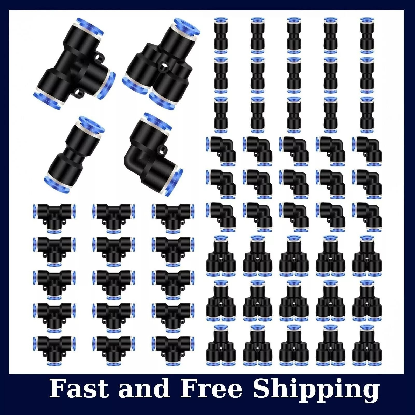 60 Pcs Push to Connect Fittings Air Line Pneumatic Kit Quick Release 1/4" Od,NEW
