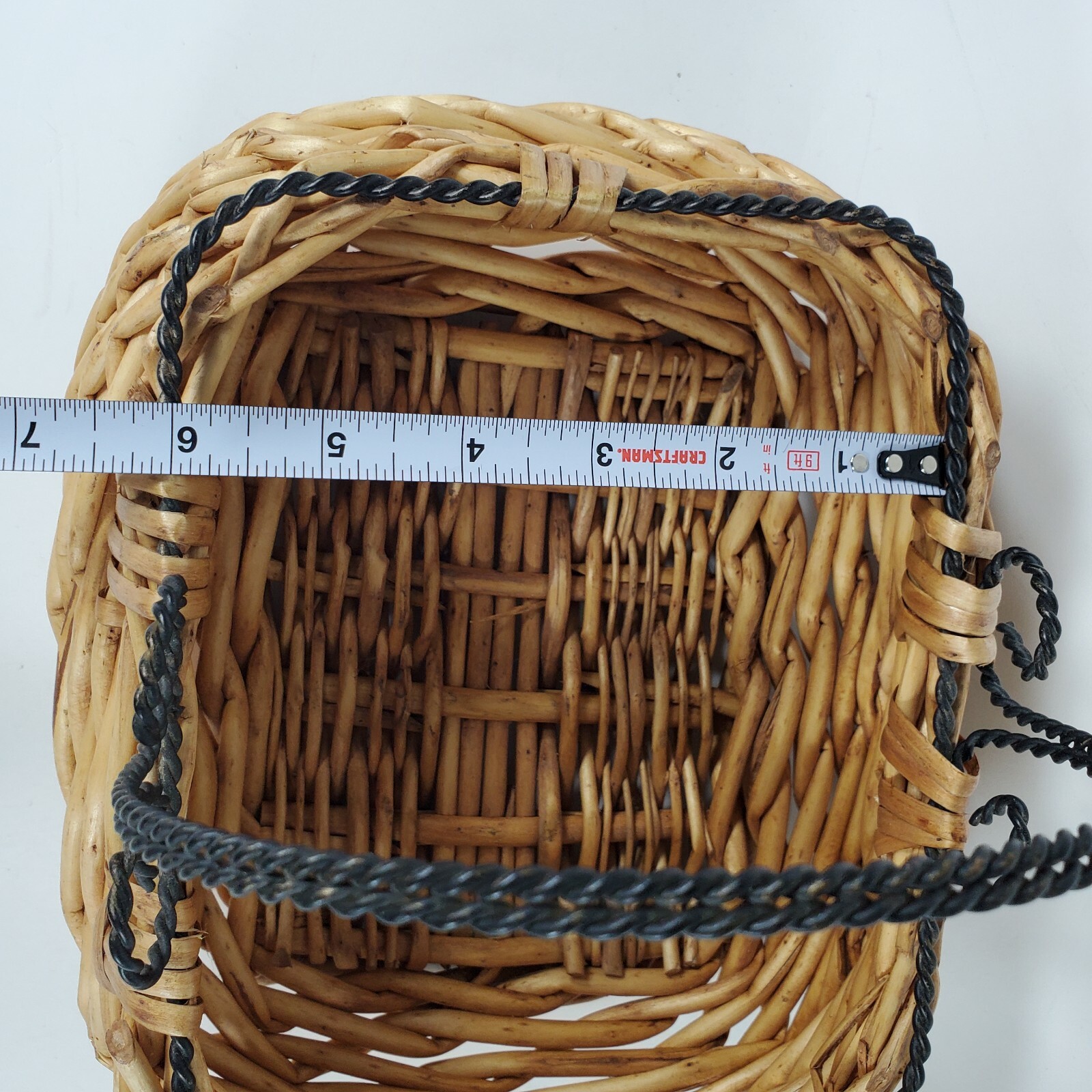 Bamboo Straw Basket With Metal Twisted Handle 8"H X 9.5"L