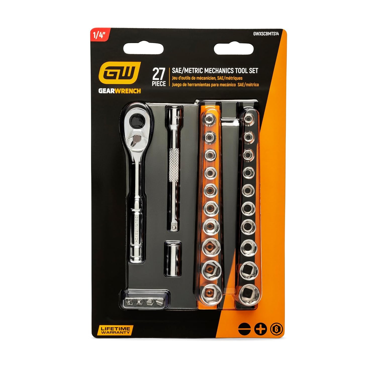 GEARWRENCH Mechanics Hand Tool Set, 27 Pc, 1/4 in Drive, Socket Rail and Bit Hol