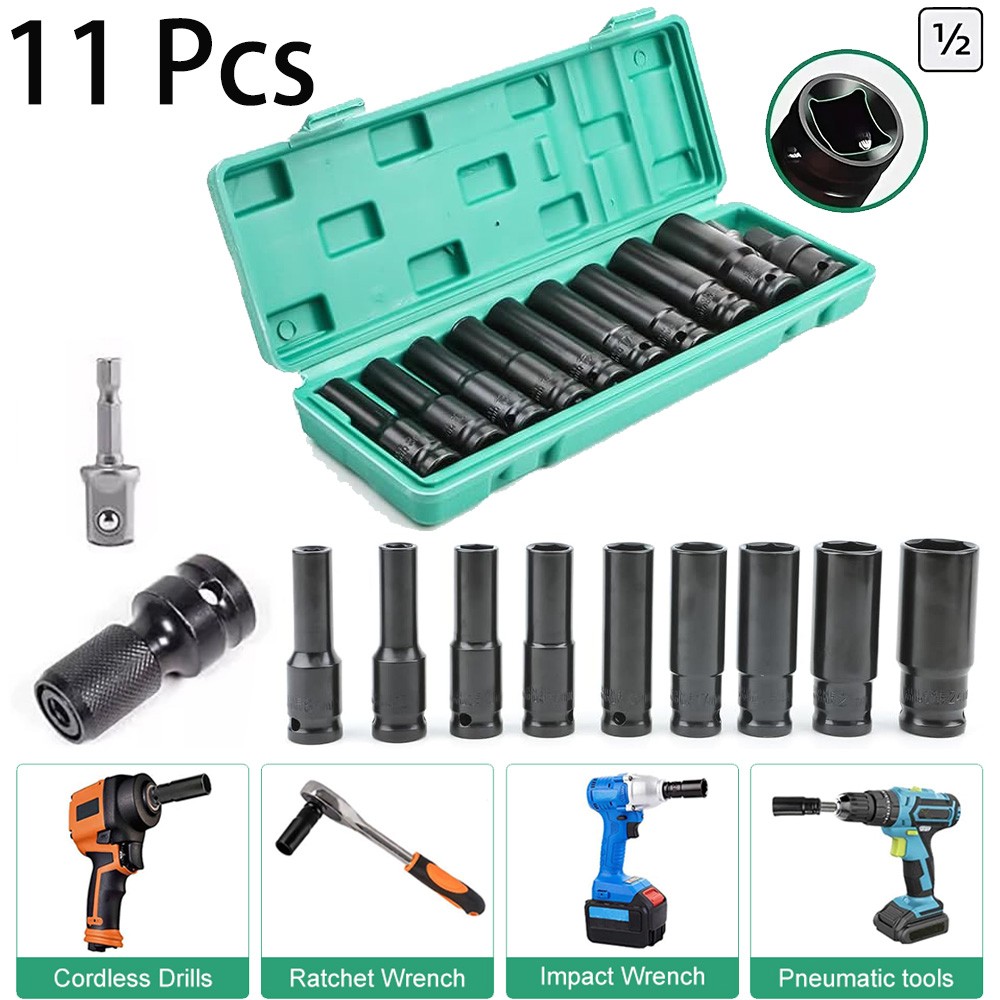 11pcs Metric Deep Impact Socket 1/2" Drive 10mm-24mm 6 Point Sockets Set w/ Case