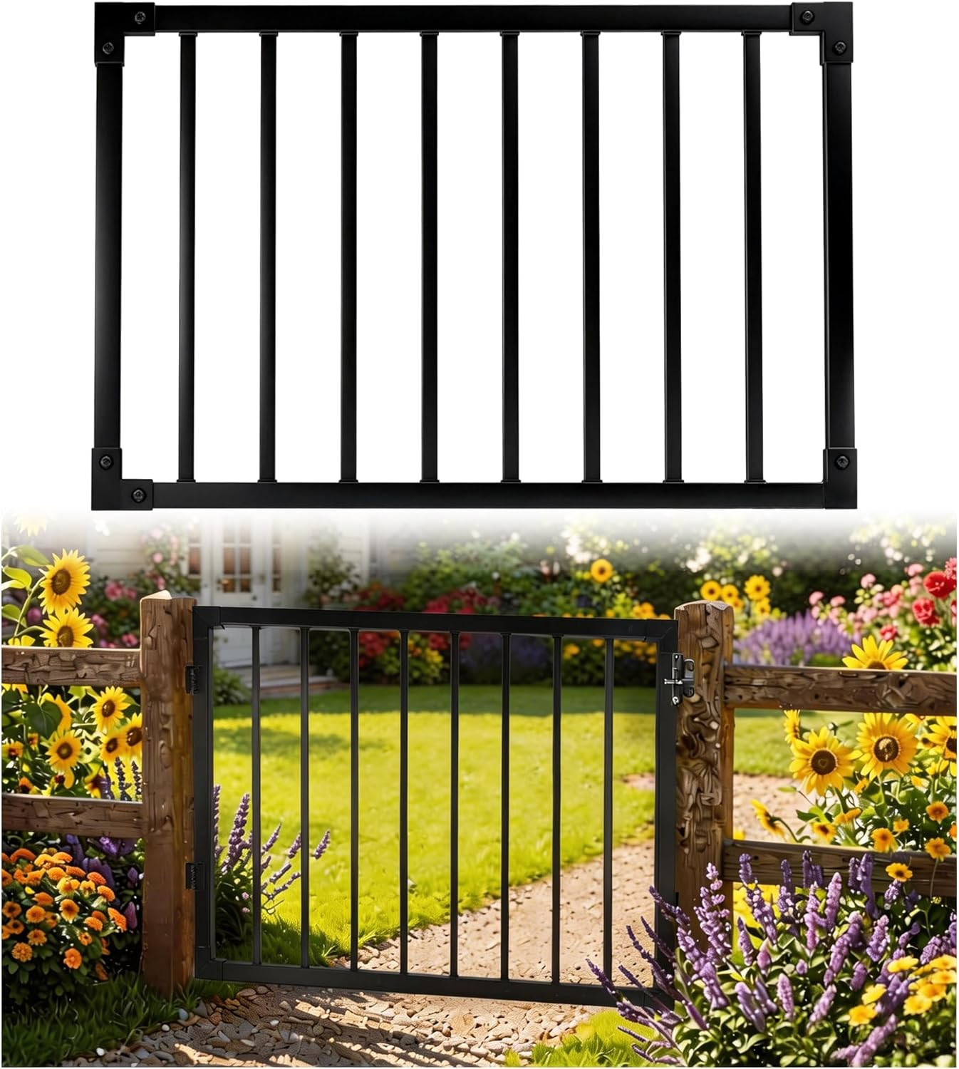 32.5In H Aluminum Deck Gate – Heavy Duty Black Metal Outdoor Gate, Width Adjusta
