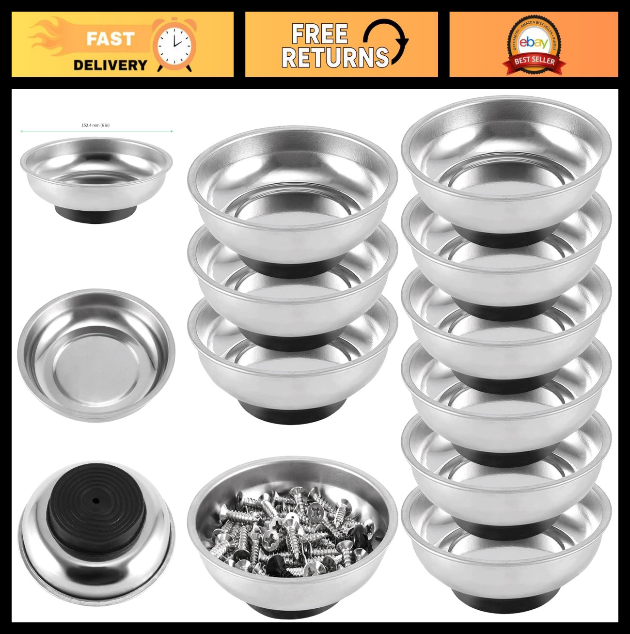 10 Pack 6" Magnetic Parts Tray - Stainless Steel Bowl for Screws, Bolts, Nuts, T