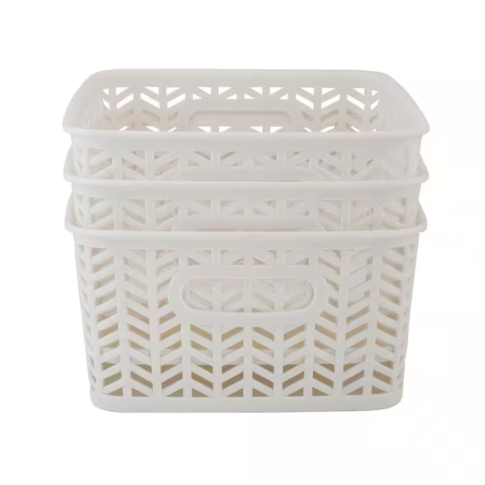 3 Pack Small Herringbone Cube Storage Bin Basket in White